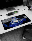 32x16 inches anime girl mouse pad showing a cool blonde heroine posing in a cloak amid blue stormy swirls.