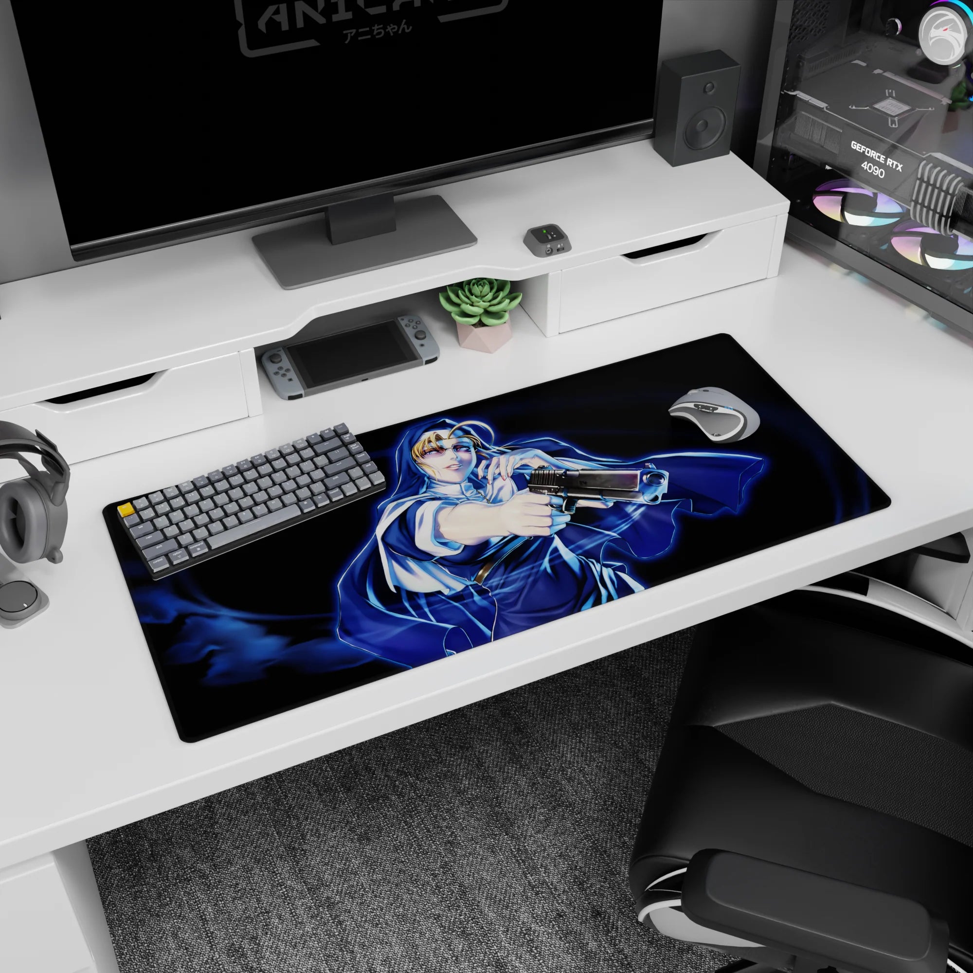 Anime girl desk pad 36x16 inches featuring a blonde cloaked heroine pose with glossy neon highlights.