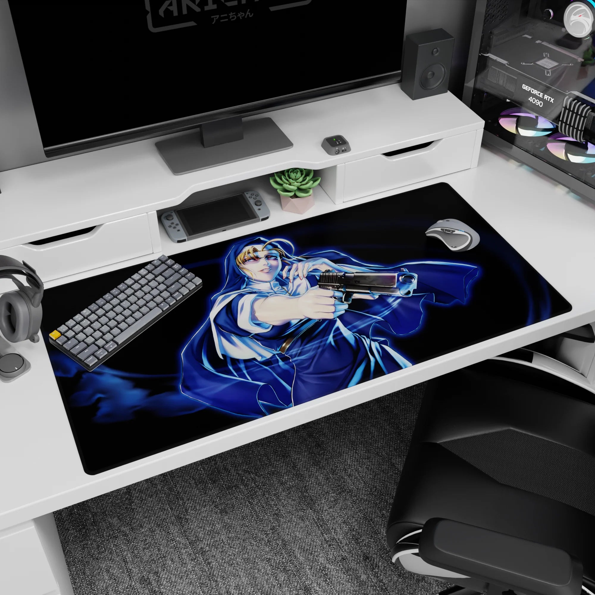 Blonde anime heroine in a dramatic cloak pose on a 40x20 inches desk pad, cinematic action scene.
