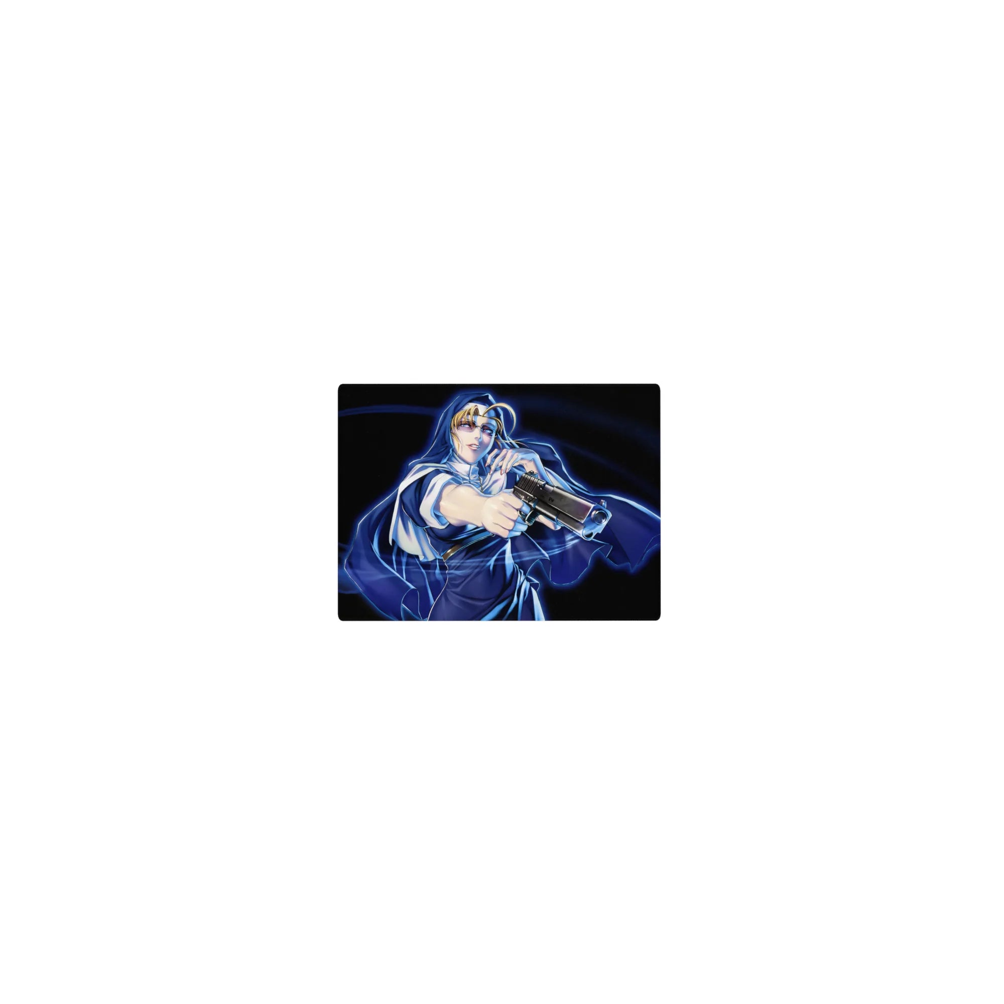 Classic anime girl mouse pad 14x10 inches with blonde heroine in cloak and swirling blue background art.