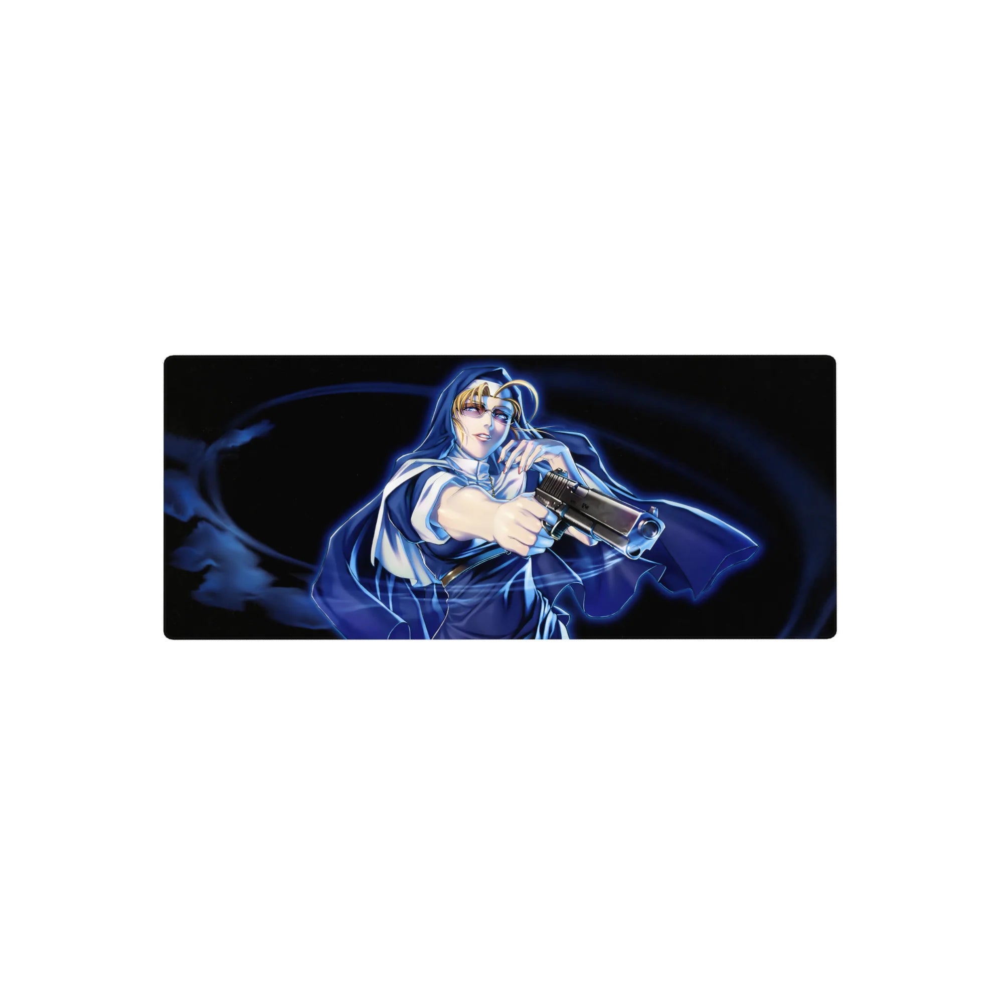 28x12 inches anime girl mouse pad with blonde heroine in cloak and midnight action swirl design.