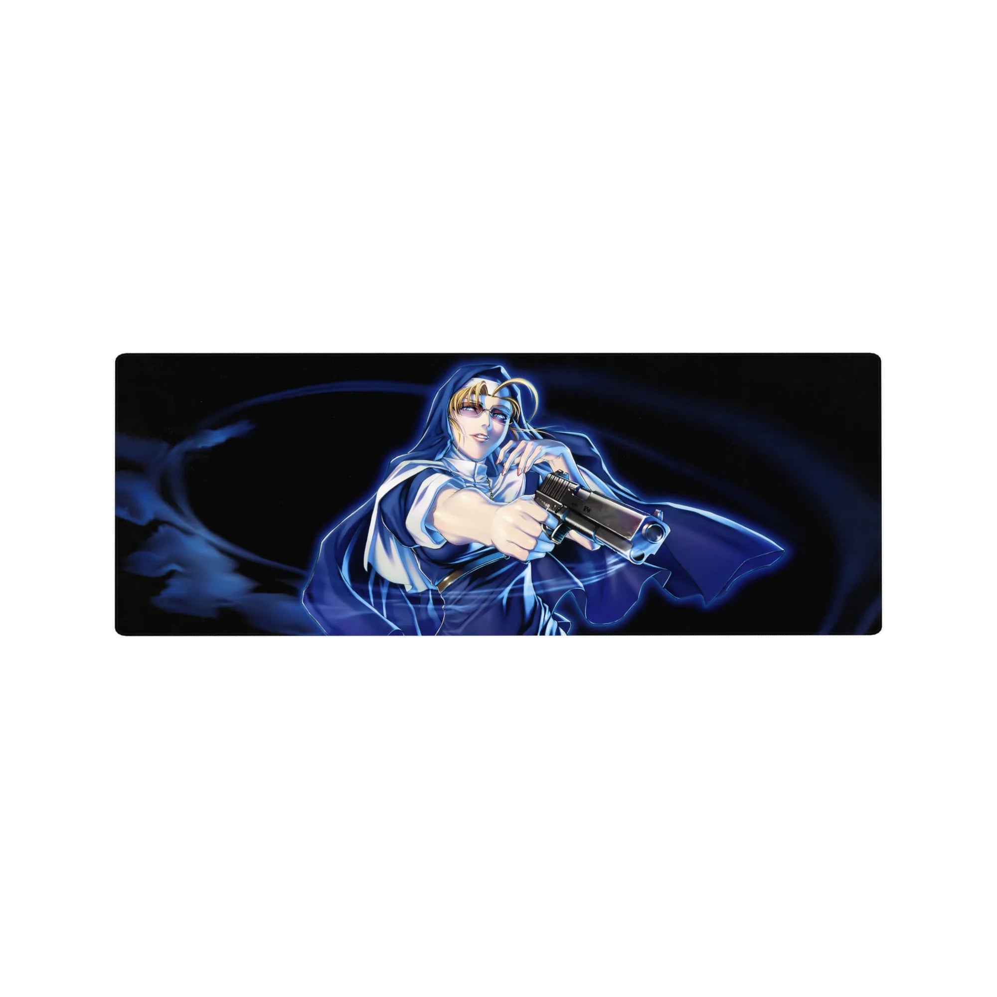 32x12 inches anime girl mouse pad with blonde heroine in cloak, midnight action desk mat art.