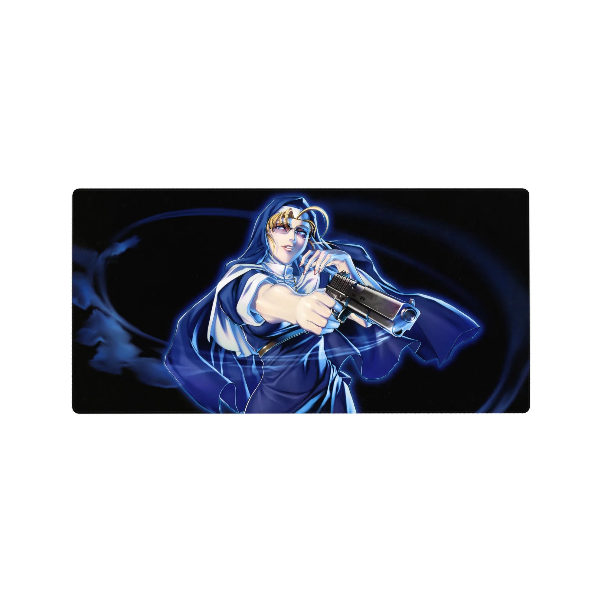32x16 inches anime girl mouse pad with blonde heroine in flowing cloak and midnight action swirl background.