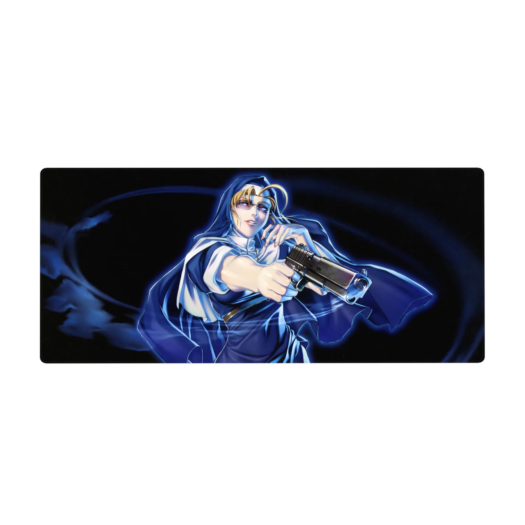 Anime girl desk pad 36x16 inches with blonde heroine in cloak on swirling midnight action background.
