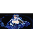 Anime girl desk pad 36x16 inches with blonde heroine in cloak on swirling midnight action background.