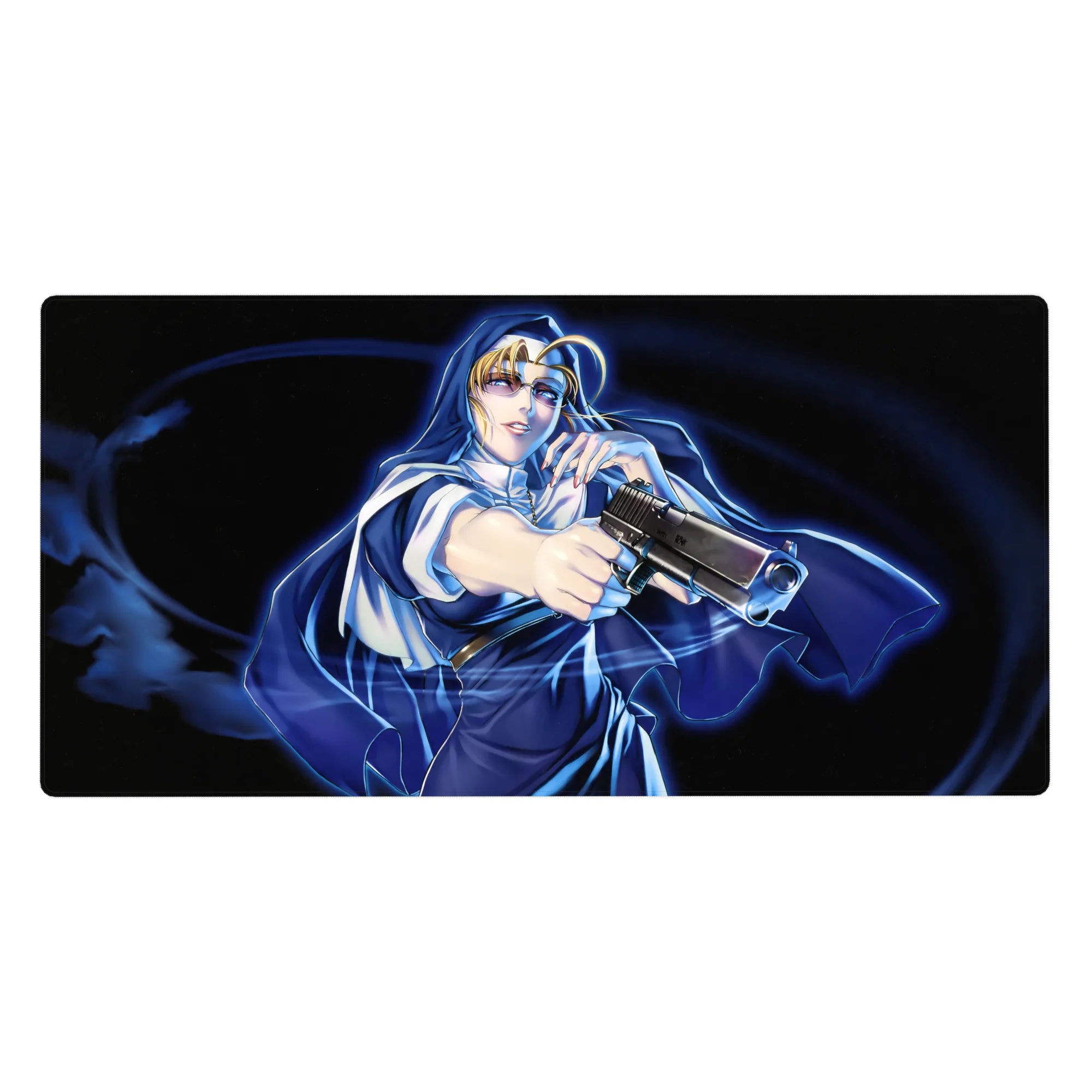 Anime girl desk pad 40x20 inches with blonde heroine in flowing cloak and dynamic midnight action art.