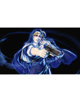 Anime girl desk pad 40x20 inches with blonde heroine in flowing cloak and dynamic midnight action art.