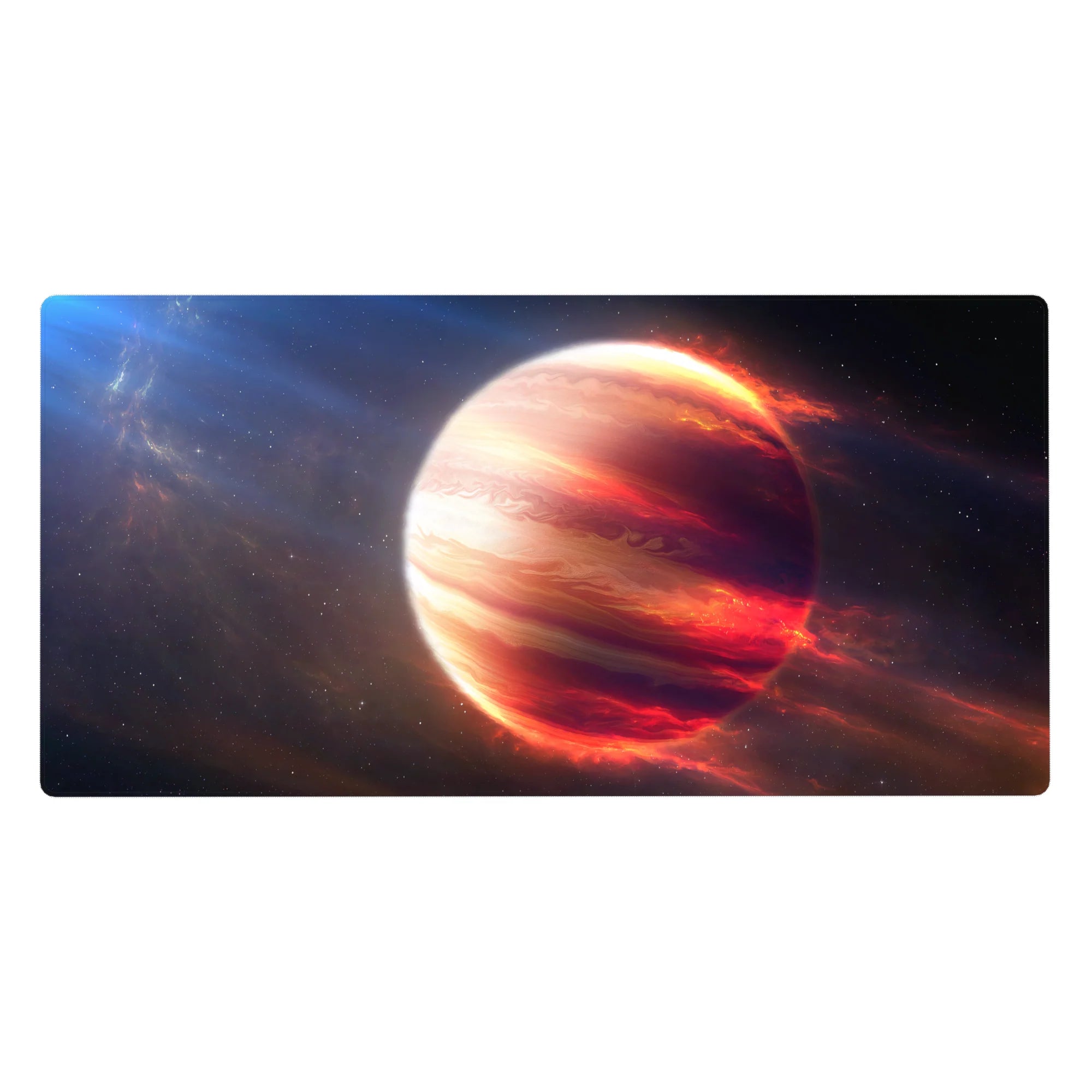 Space-themed desk pad 40x20 inches with swirling galaxy pattern, stars, and a glowing planet accent.