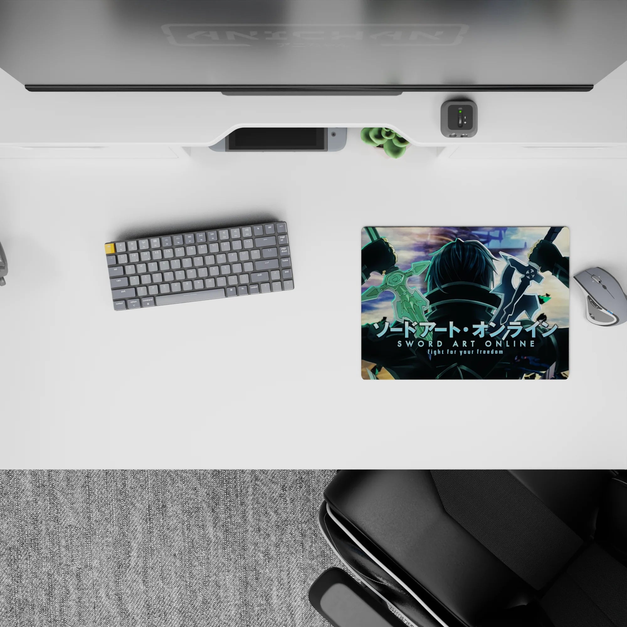 Kirito from Sword Art Online on 14x10 inch mouse pad, blades raised against teal shadows and collapsing sky for a battle-ready vibe.