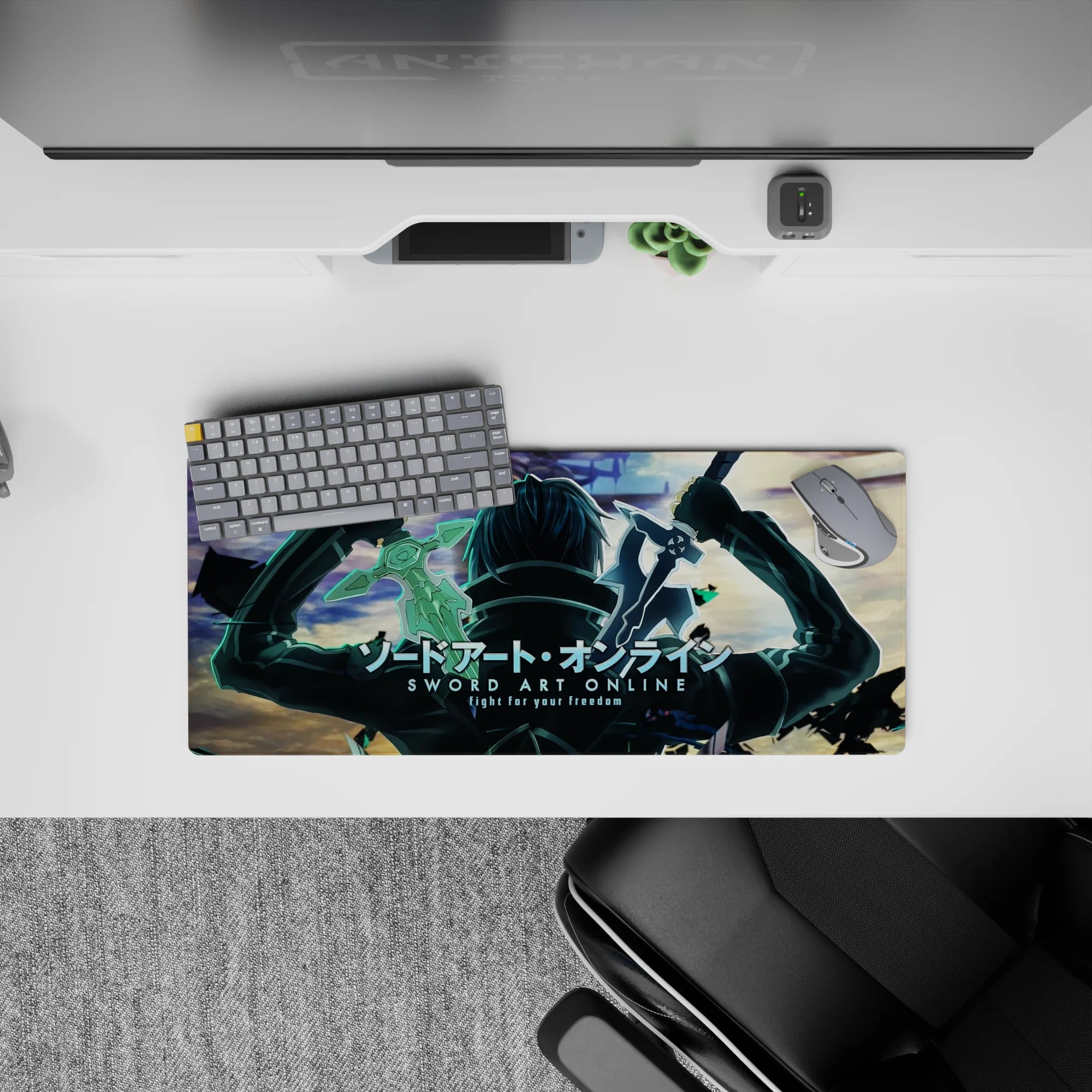 Kirito from Sword Art Online in power stance with blades on a 28x12 inch mouse pad, teal shadows, battle scene.