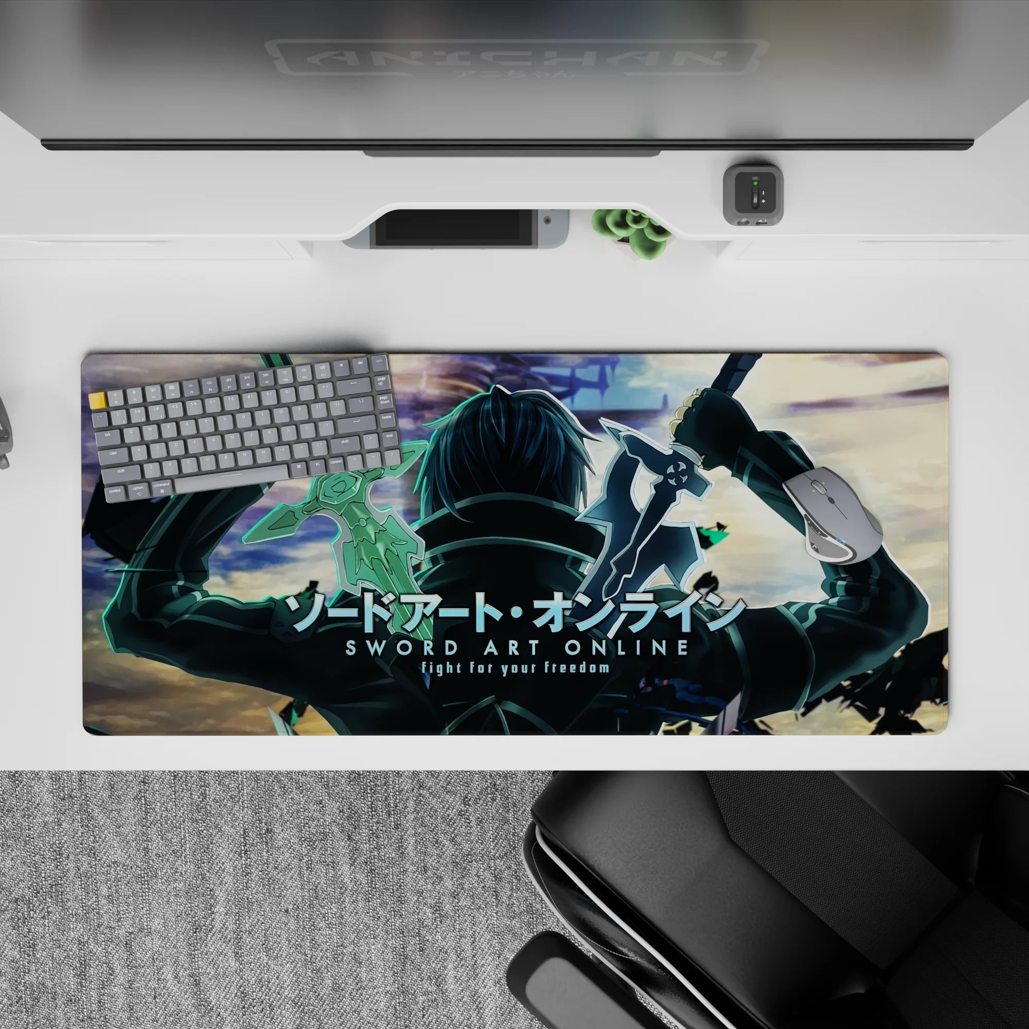 Kirito from Sword Art Online stands ready with blades on a 36x16 inch anime mouse pad, teal shadows and collapsing sky.