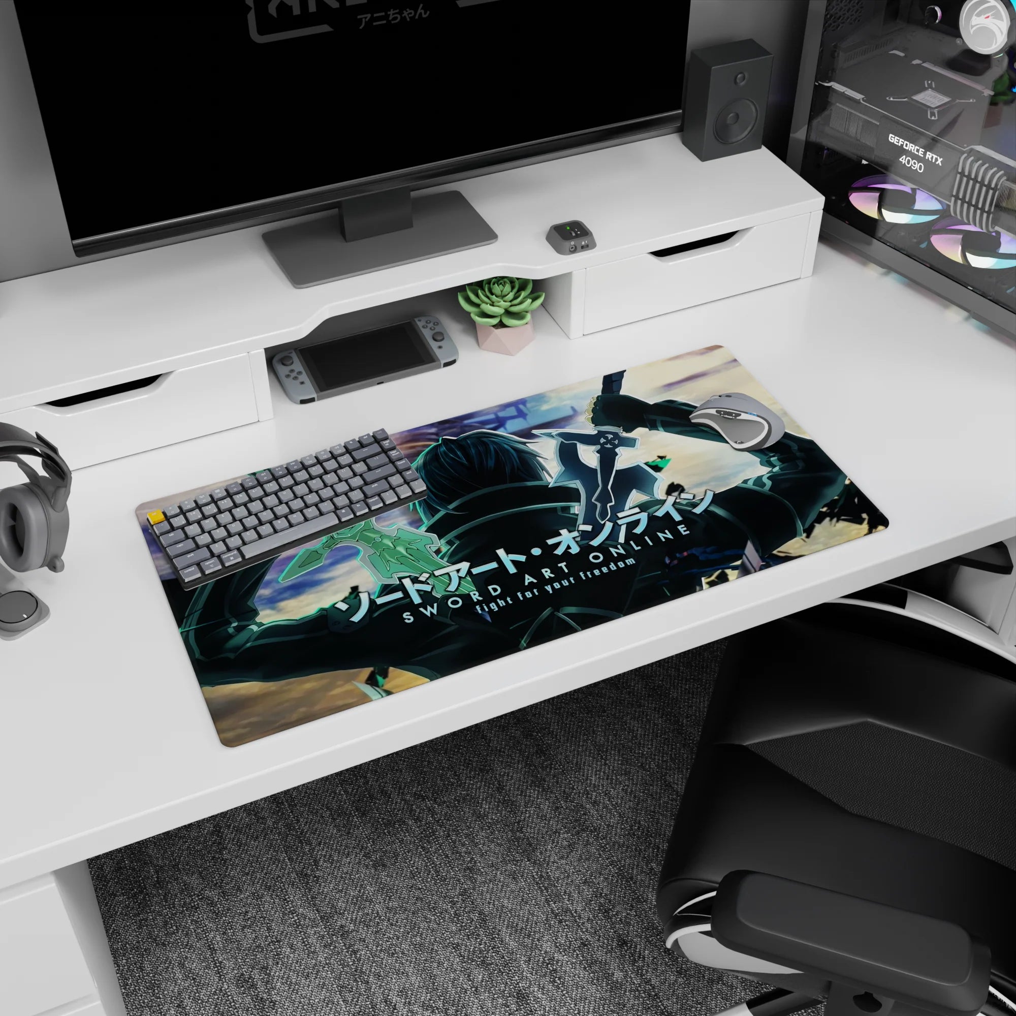 Kirito from Sword Art Online in power stance on 32x16 inch mouse pad, blades raised against a collapsing sky backdrop.
