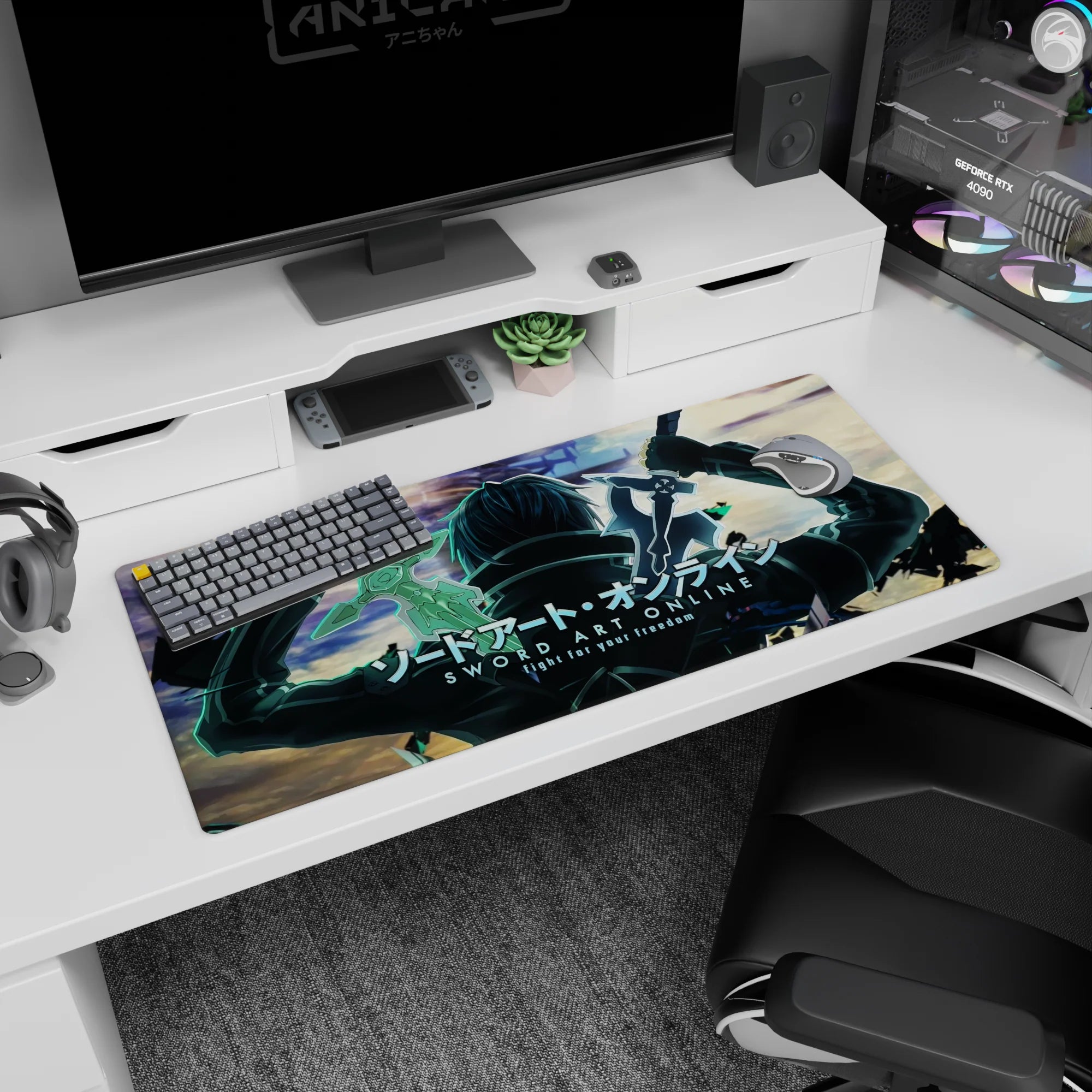 Kirito Sword Art Online desk pad 36x16 inches, featuring iconic silhouette with glowing edges and teal shadows.
