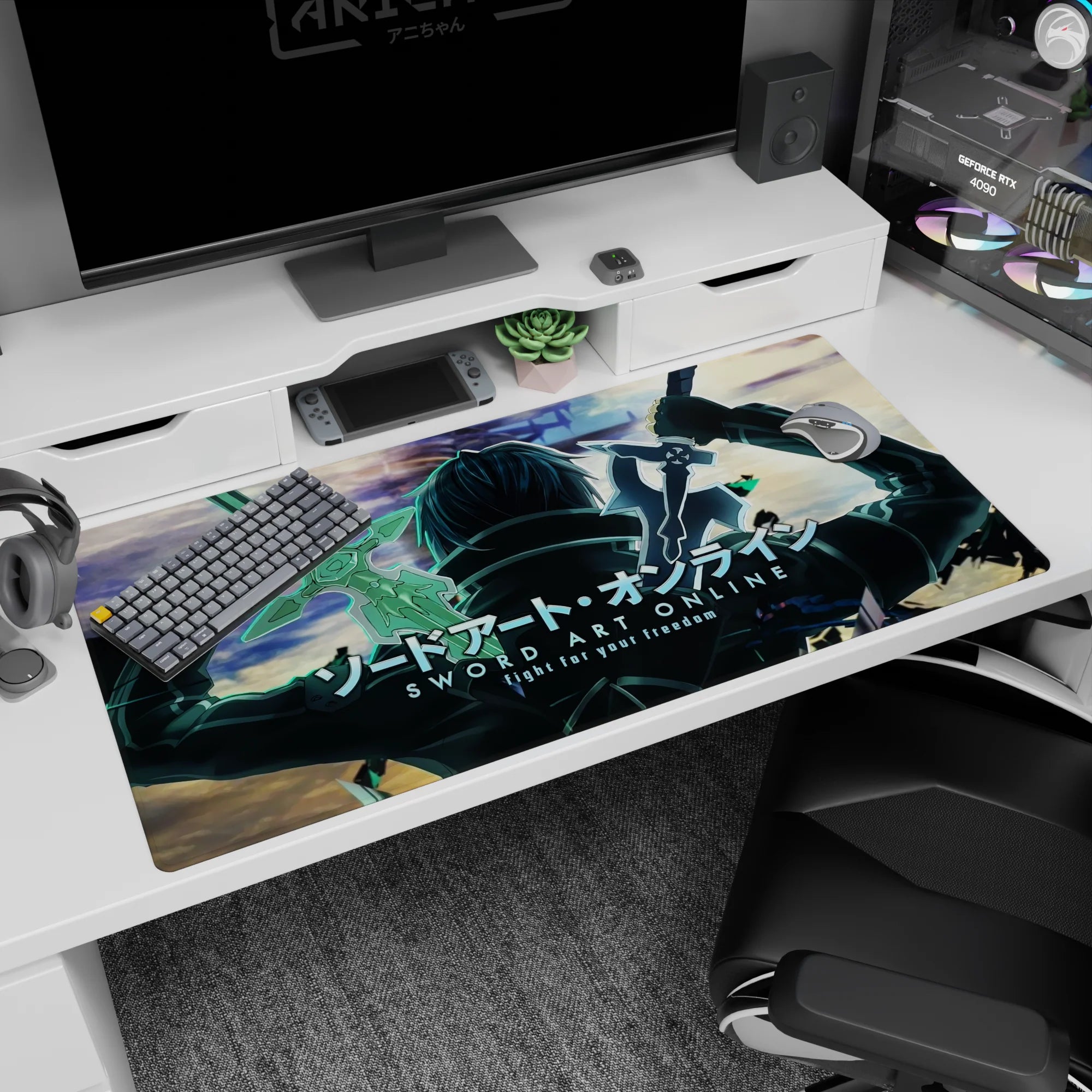 Anime mouse pad featuring Kirito from Sword Art Online, 40x20 inches, with glowing edges and a dynamic battle scene.
