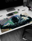 Anime mouse pad featuring Kirito from Sword Art Online, 40x20 inches, with glowing edges and a dynamic battle scene.
