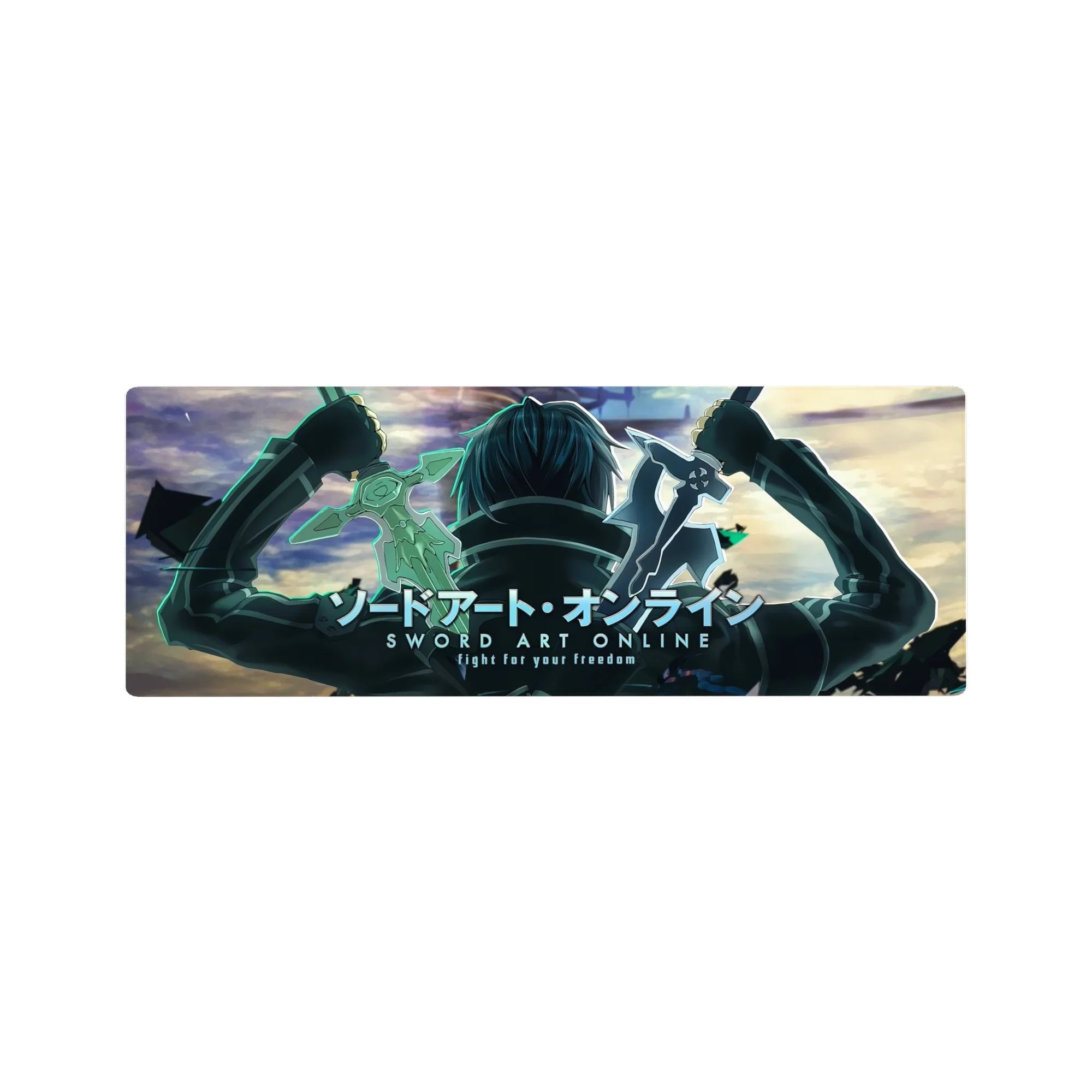 Kirito's silhouette from Sword Art Online on 32x12 inch anime mouse pad, blades raised, teal shadows, battle-ready design.