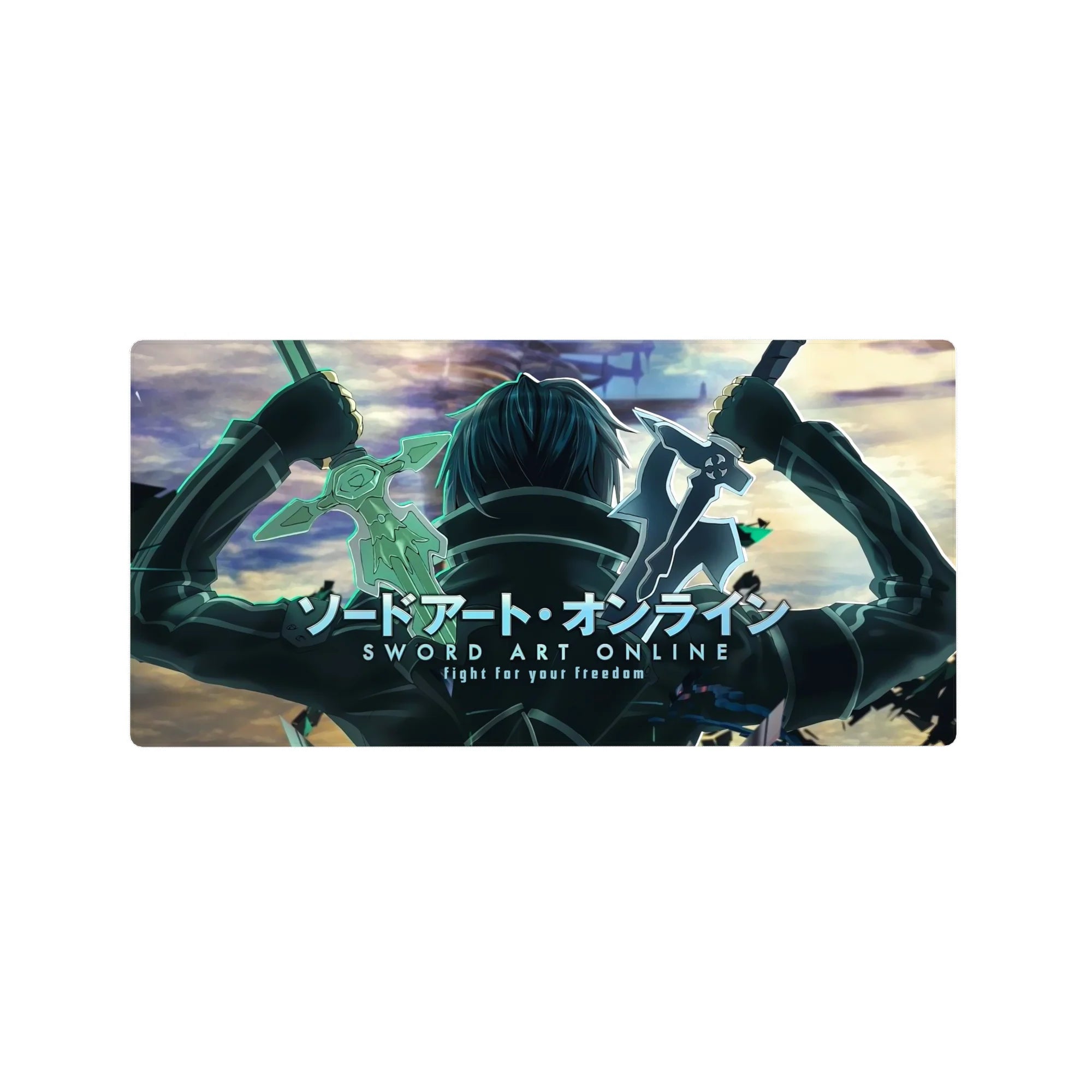 Kirito silhouette from Sword Art Online on 32x16 inch anime mouse pad, teal glow, battle-ready sky backdrop.