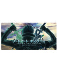 Kirito silhouette from Sword Art Online on 32x16 inch anime mouse pad, teal glow, battle-ready sky backdrop.