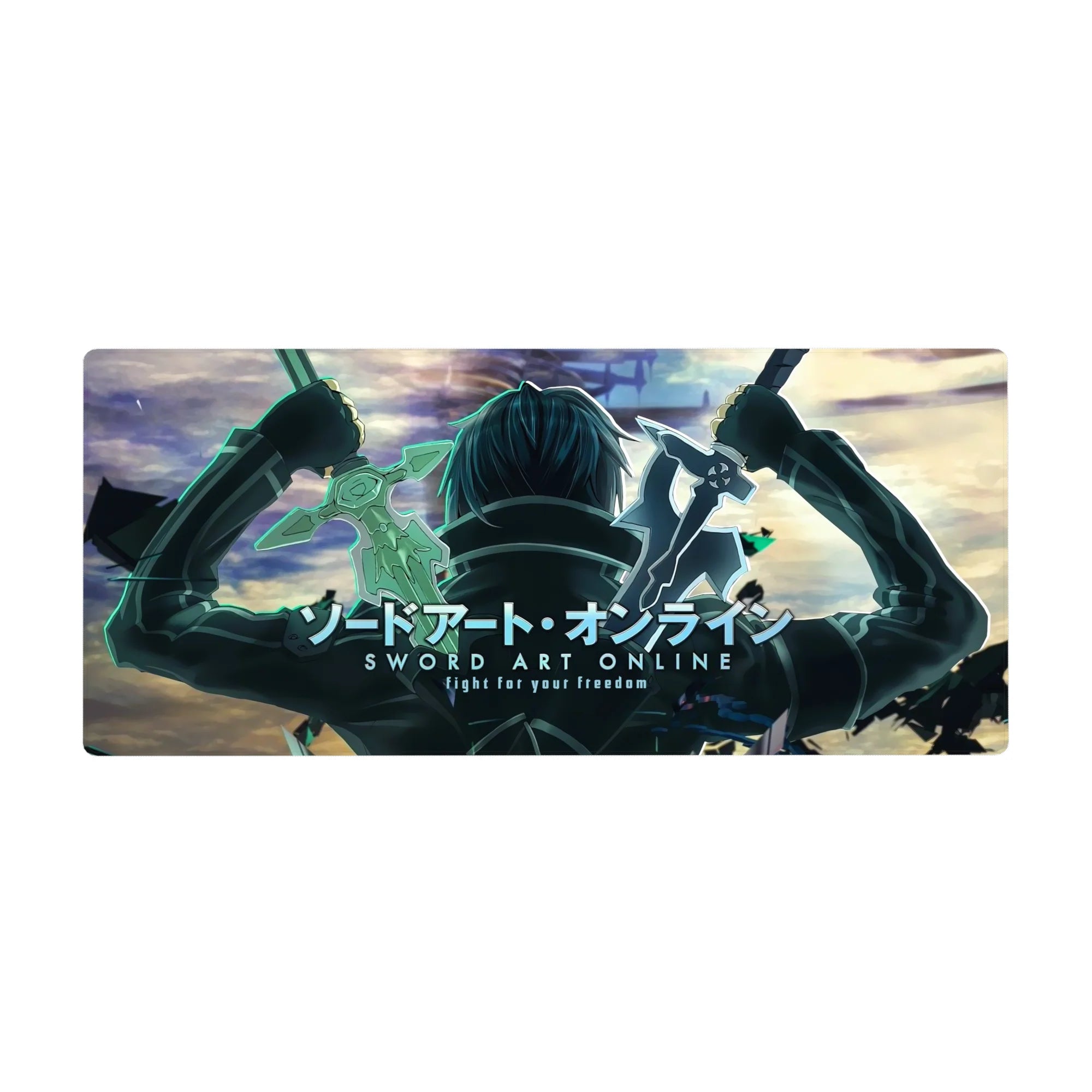 Kirito silhouette from Sword Art Online on a 36x16 inch anime mouse pad with glowing edges and battle-ready design.
