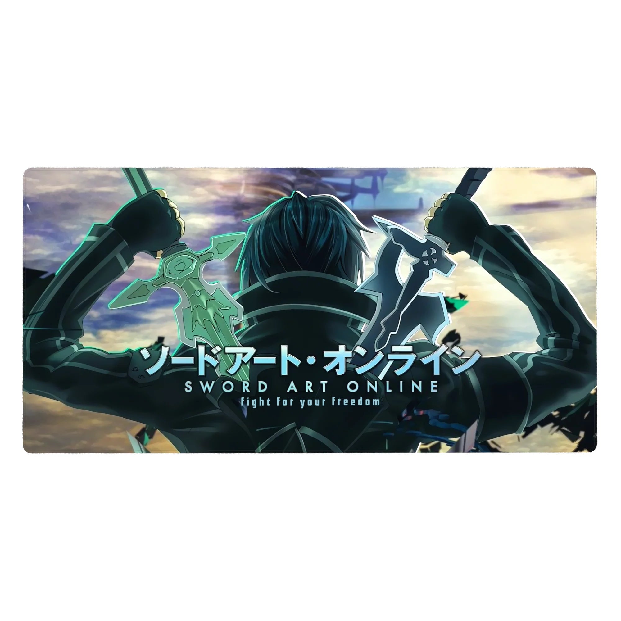 Kirito from Sword Art Online on a 40x20 inch anime mouse pad, showcasing a battle-ready stance with glowing edges and teal shadows.
