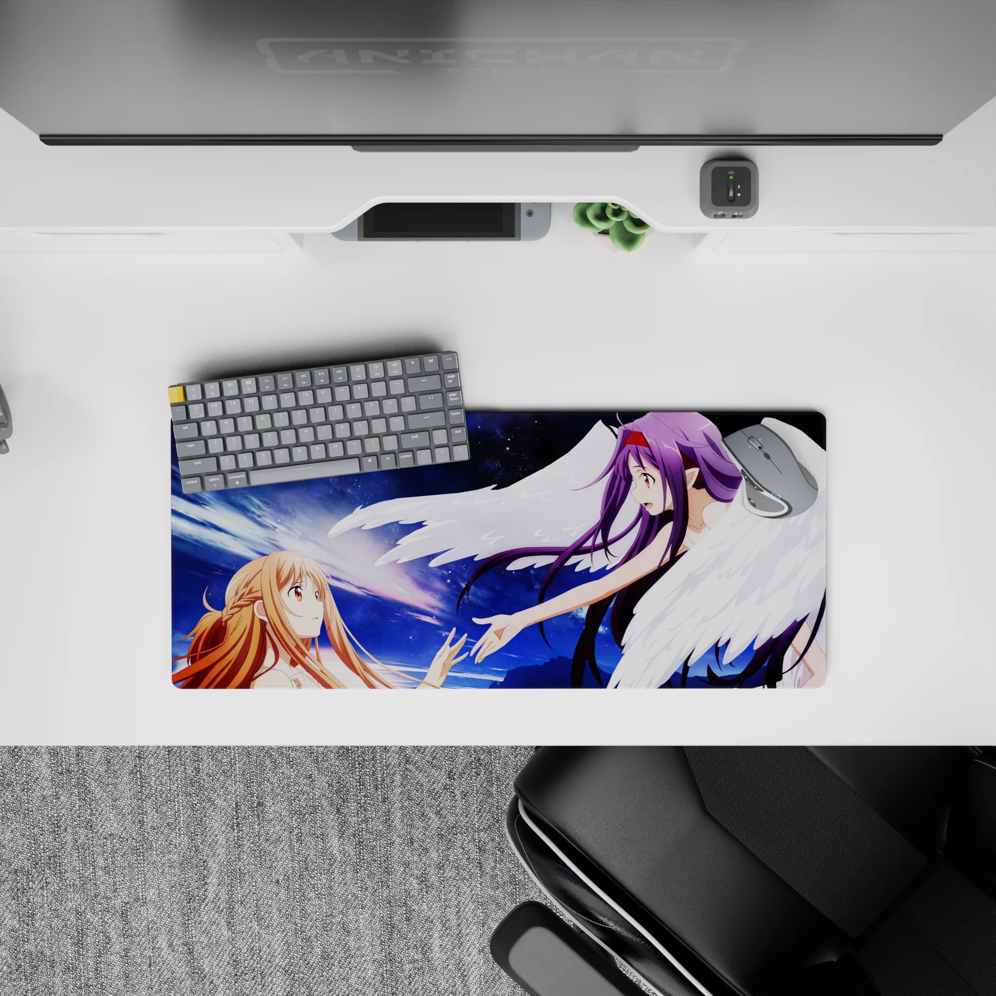 Anime mouse pad 28x12 inches featuring Asuna and Yuuki from Sword Art Online, with violet starlight and sunrise hues.