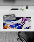 Anime mouse pad 28x12 inches featuring Asuna and Yuuki from Sword Art Online, with violet starlight and sunrise hues.