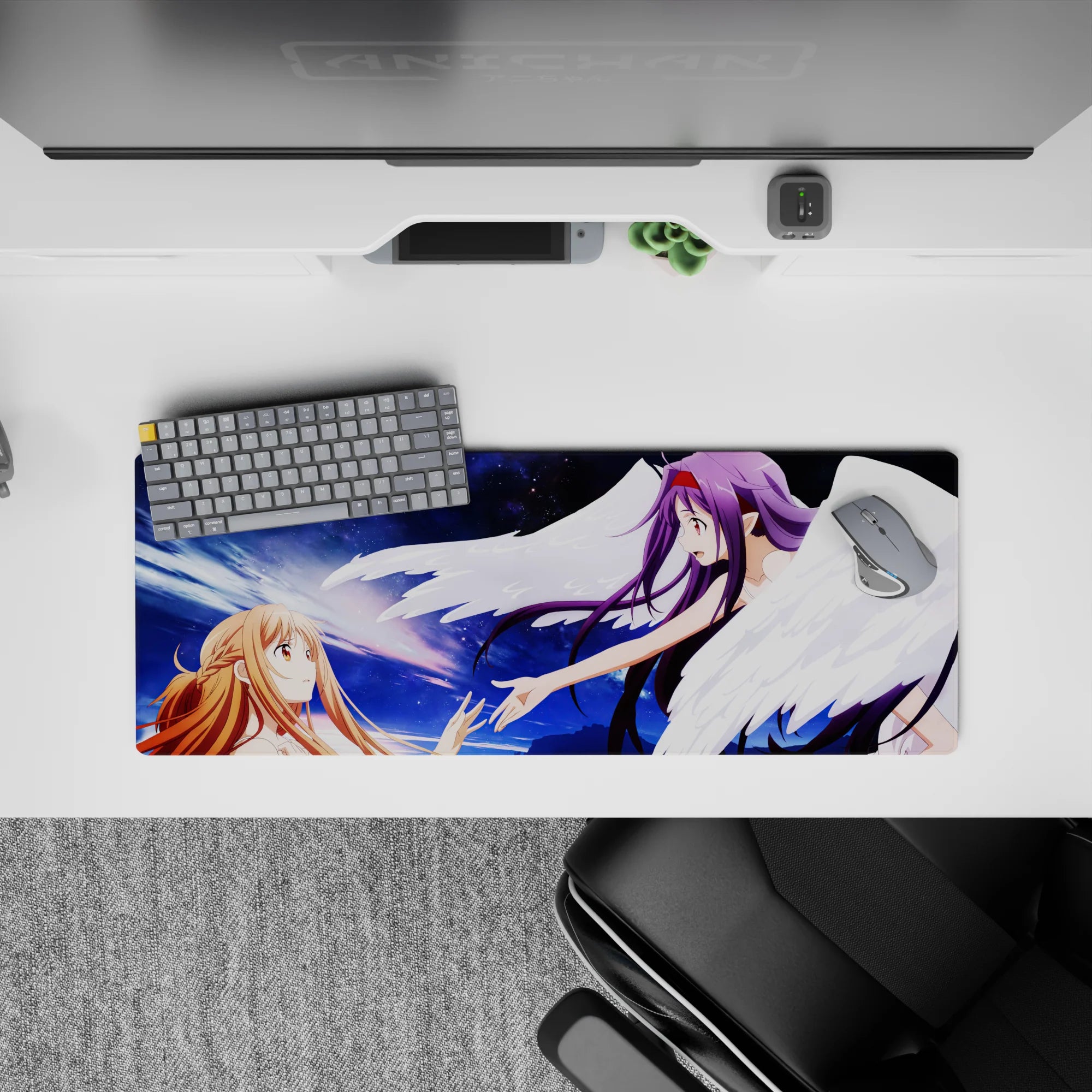 Anime mouse pad 32x12 inches featuring Asuna and Yuuki from Sword Art Online in a celestial moment with starlight hues.