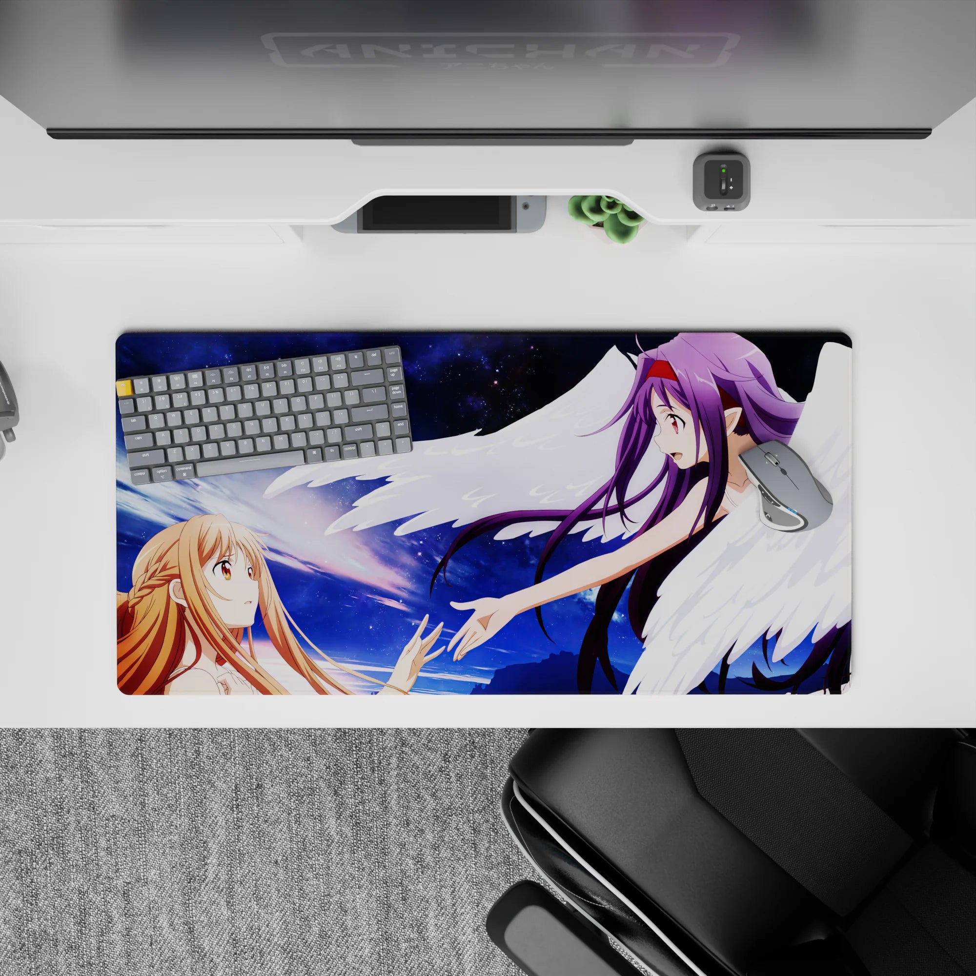 Anime mouse pad 32x16 inches featuring Asuna and Yuuki from Sword Art Online, with violet starlight and sunrise hues.