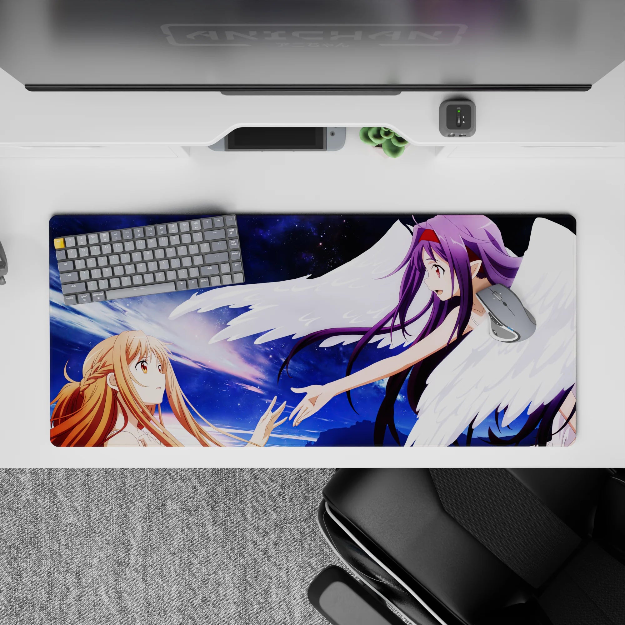 Anime desk pad 36x16 featuring Asuna and Yuuki from Sword Art Online. A celestial scene with violet starlight and sunrise hues.