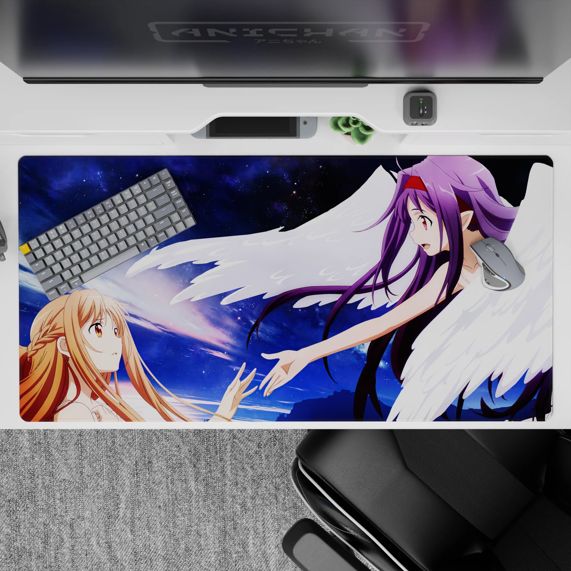 Anime desk pad 40x20 inches featuring Asuna and Yuuki from Sword Art Online, with a dreamy celestial sky and starlight.