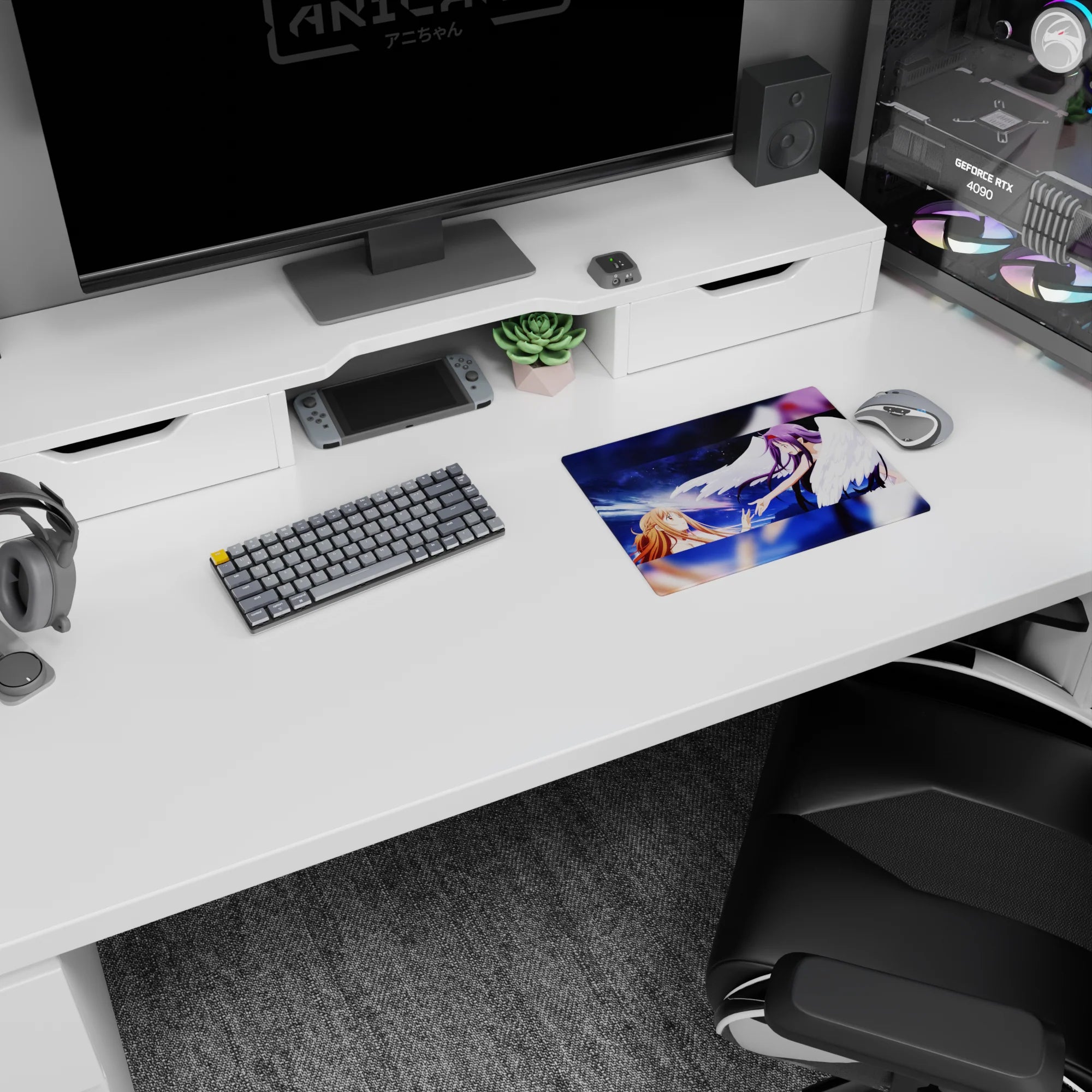 Anime mouse pad 14x10 inches featuring Asuna and Yuuki from Sword Art Online in a celestial, dreamy gradient sky.