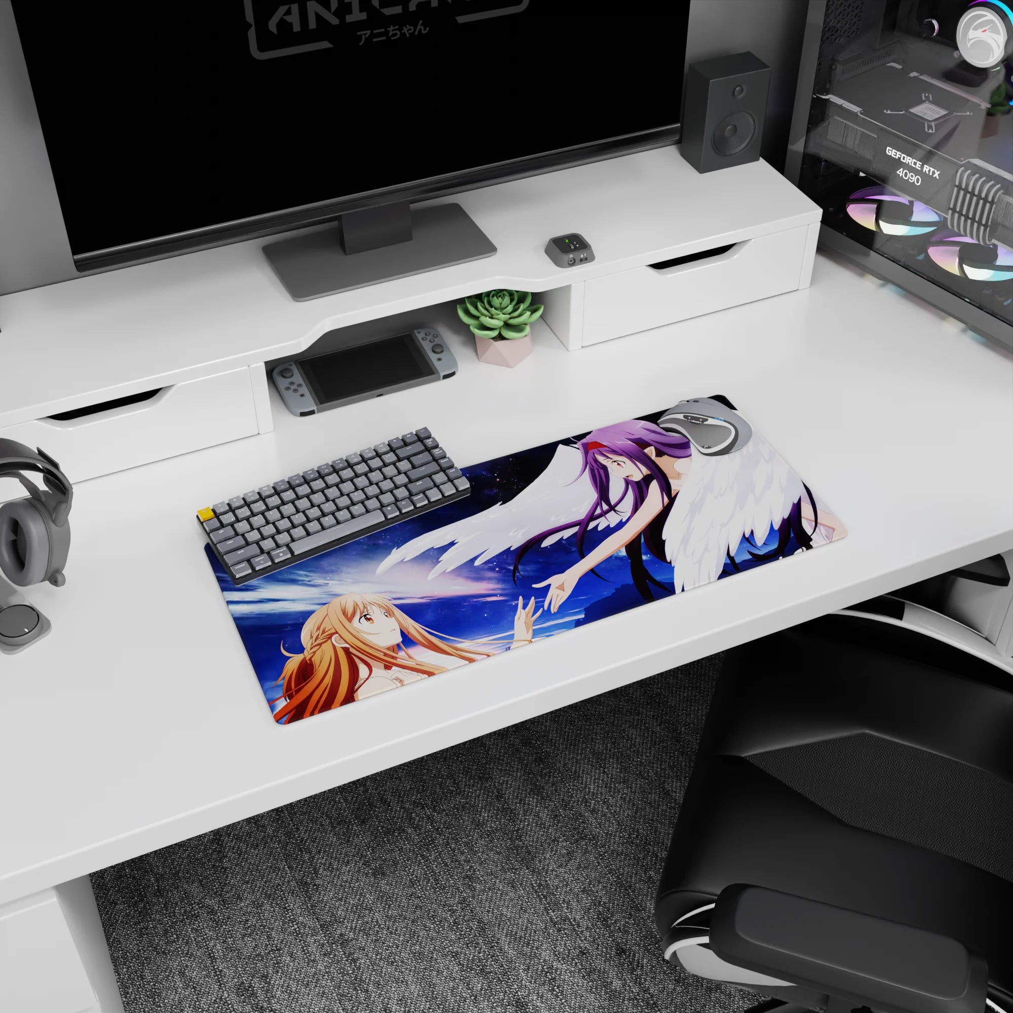 Anime mouse pad 28x12 inches featuring Asuna and Yuuki from Sword Art Online in a celestial scene with violet starlight.