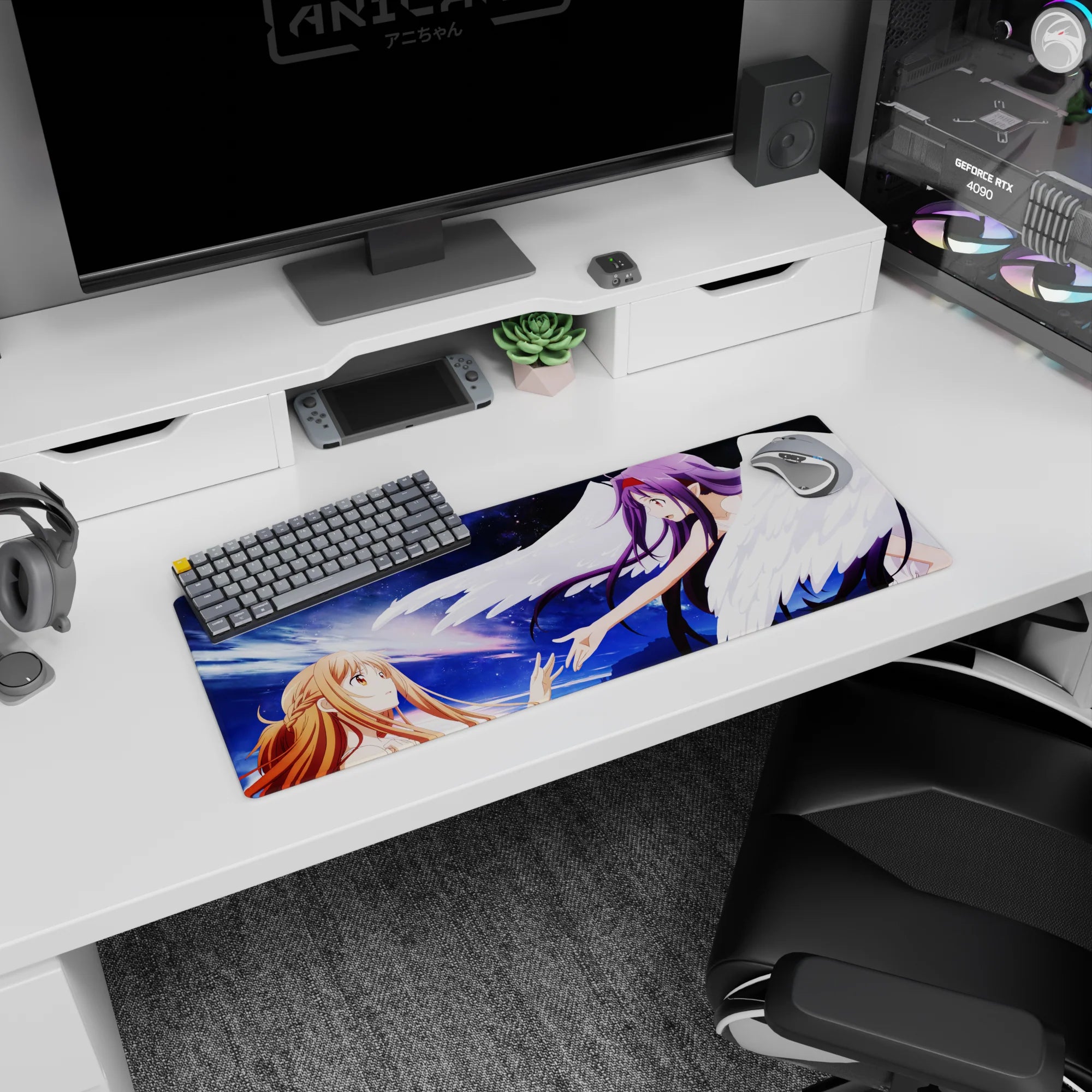 Anime mouse pad 32x12 inches featuring Asuna and Yuuki from Sword Art Online in a celestial, bittersweet moment.