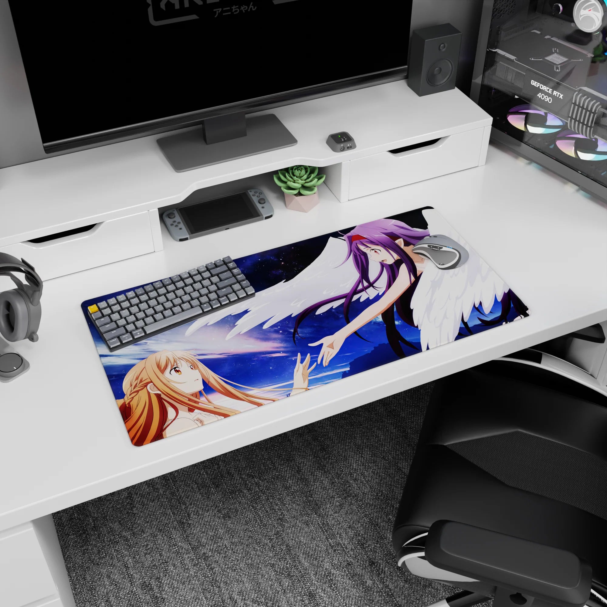 Anime mouse pad 32x16 inches featuring Asuna and Yuuki from Sword Art Online in a celestial, dreamy sky moment.