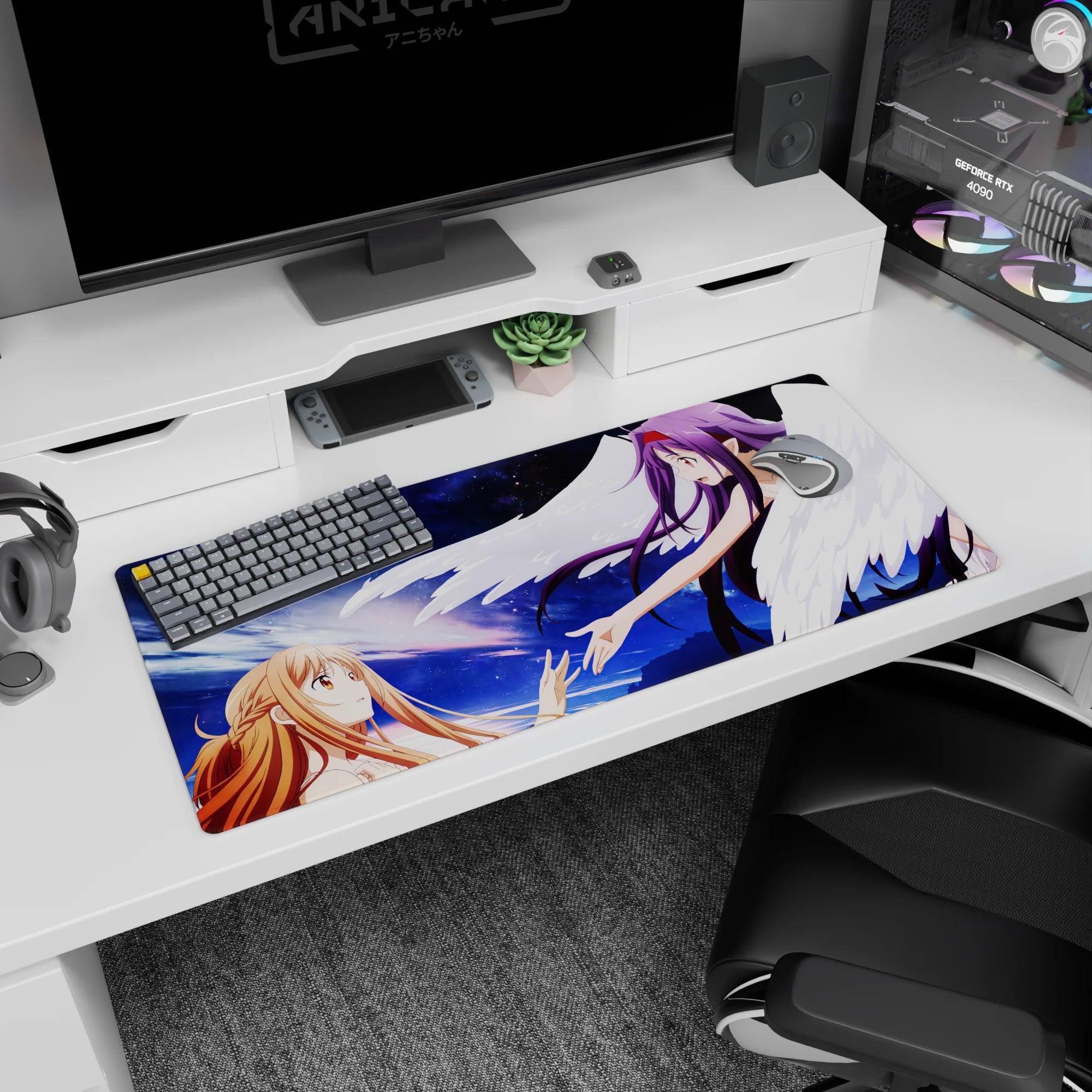 Anime mouse pad 36x16 inches featuring Asuna and Yuuki from Sword Art Online with celestial gradient sky background.