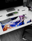 Anime mouse pad 36x16 inches featuring Asuna and Yuuki from Sword Art Online with celestial gradient sky background.