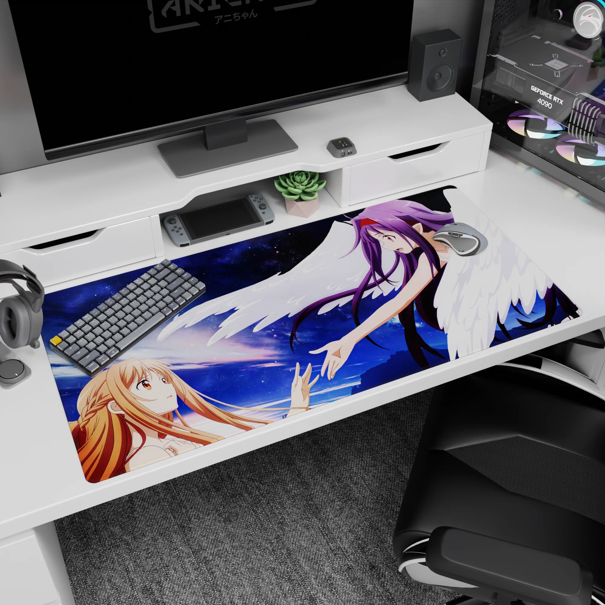 Anime mouse pad 40x20 inches featuring Asuna and Yuuki from Sword Art Online, with celestial gradient sky background.