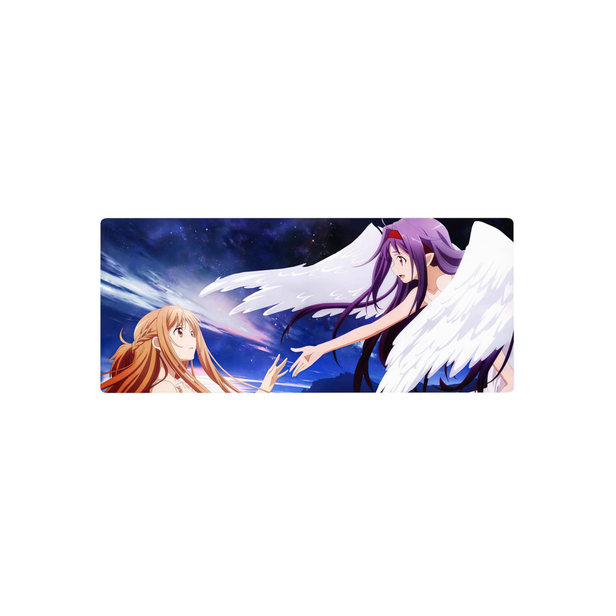 Anime mouse pad 28x12 inches featuring Asuna and Yuuki from Sword Art Online in a celestial moment with wings and flowing hair.