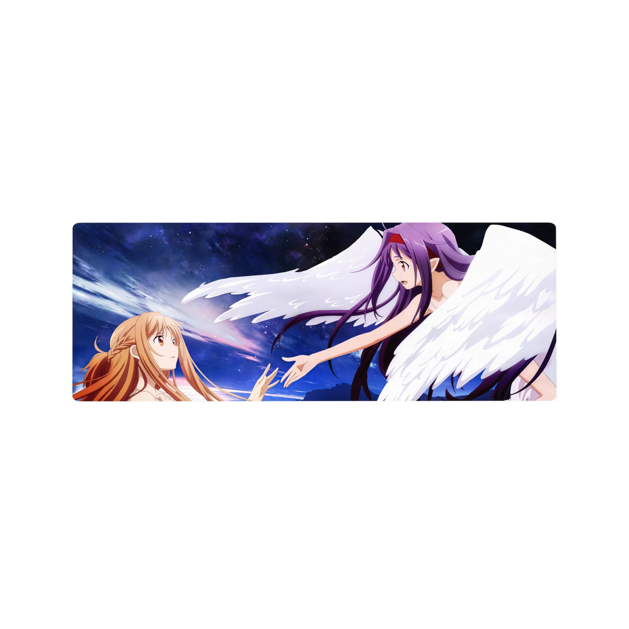 Anime mouse pad 32x12 inches featuring Asuna and Yuuki from Sword Art Online, with violet starlight and sunrise hues.