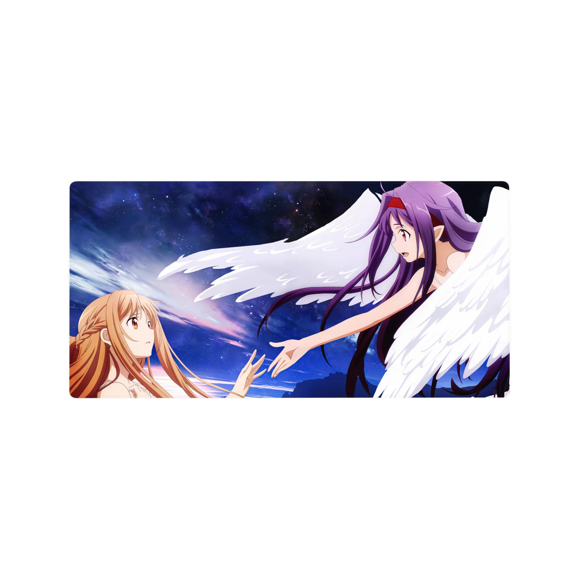 Anime mouse pad 32x16 inches featuring Asuna and Yuuki from Sword Art Online, with celestial hues and flowing hair.