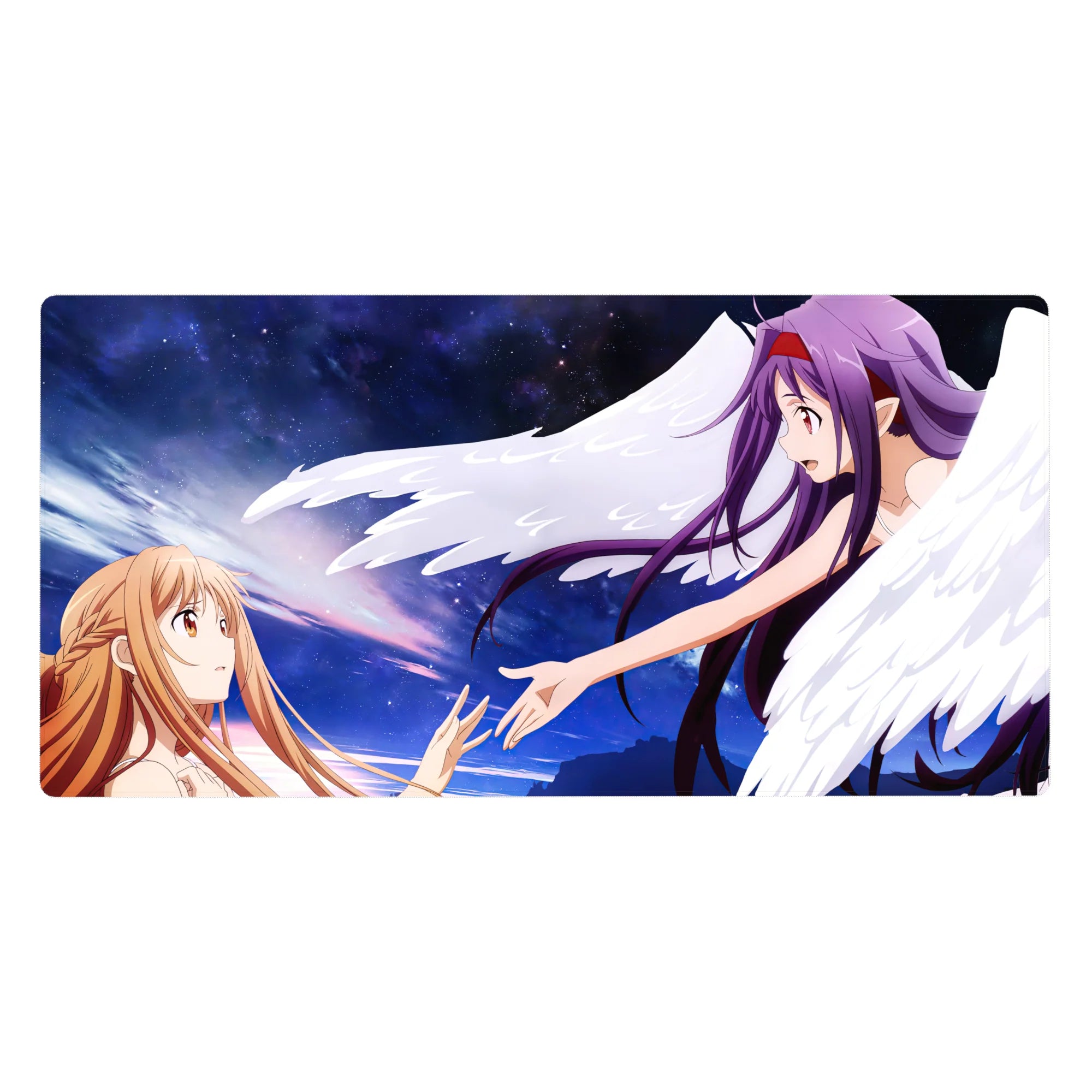 Anime mouse pad featuring Asuna and Yuuki from Sword Art Online, 40x20 inches, in a dreamlike celestial scene.