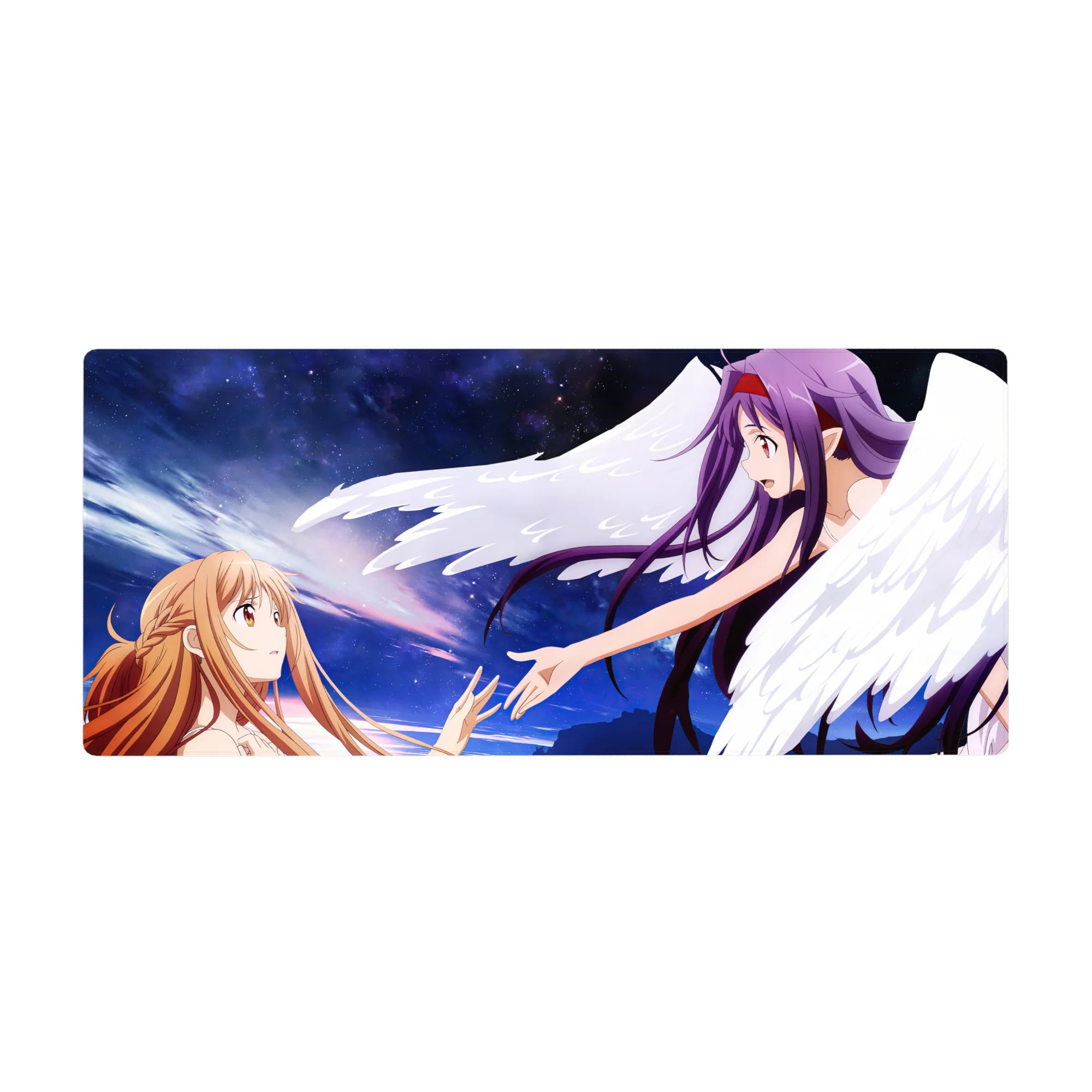 Anime desk pad 36x16 inches featuring Asuna and Yuuki from Sword Art Online, set against a violet starlight sky.