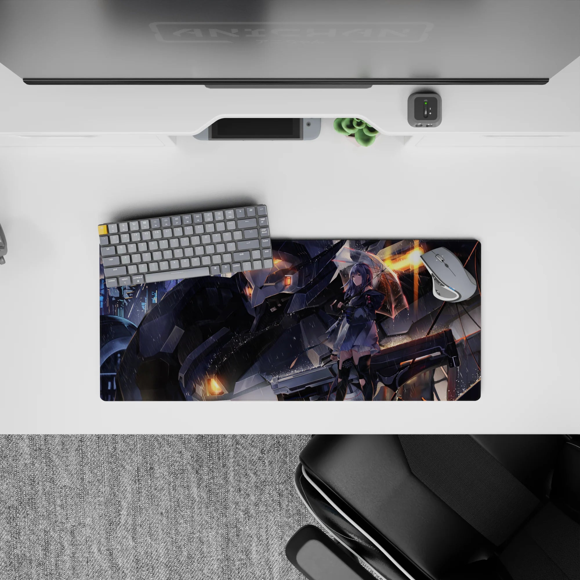 28x12 inches anime mouse pad in charcoal armor, lavender highlights, and warm orange neon rain glow.