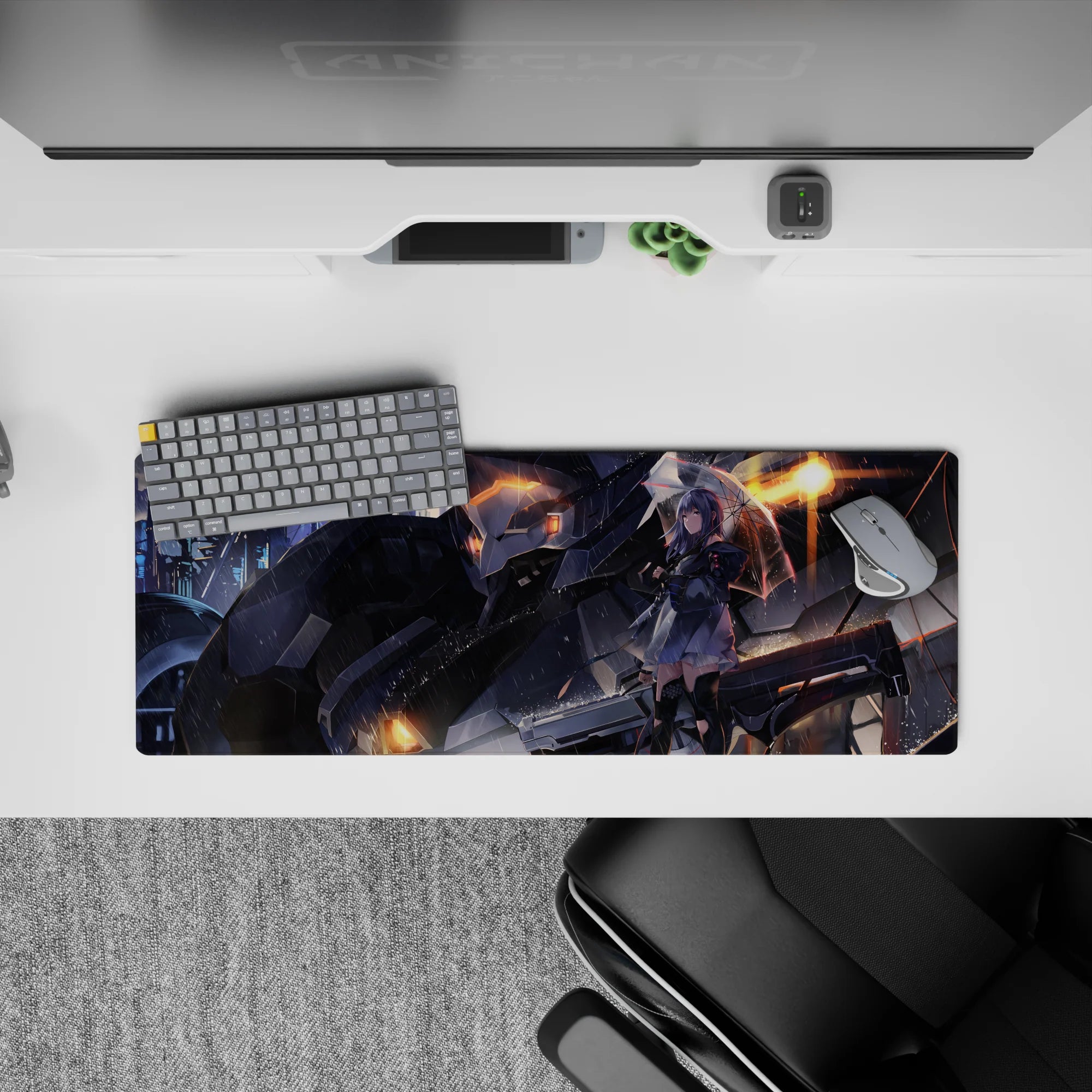 32x12 inches anime desk mouse pad in charcoal, lavender, and orange glow, moody neon rain vibe.