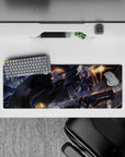 32x12 inches anime desk mouse pad in charcoal, lavender, and orange glow, moody neon rain vibe.