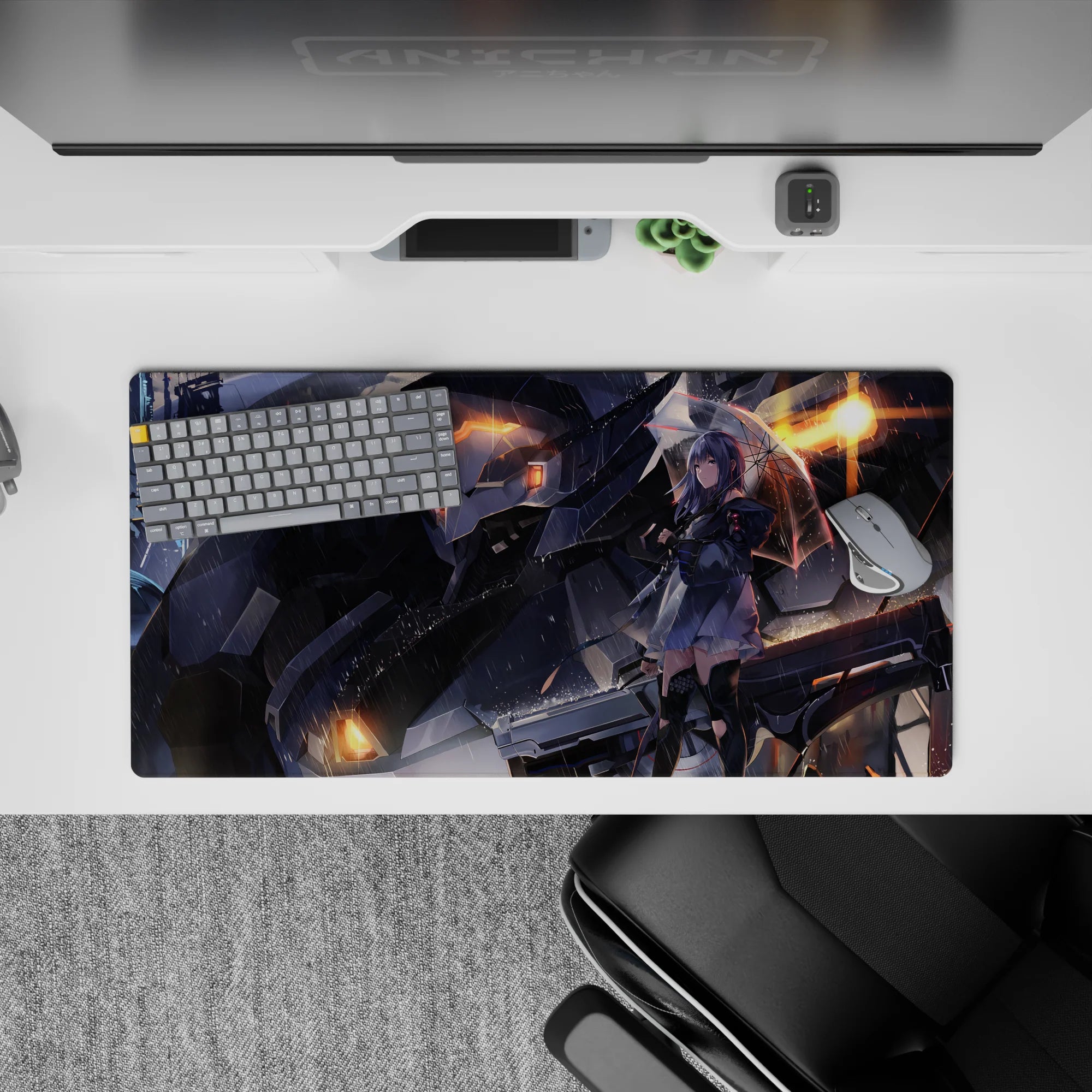 32x16 inches anime desk mouse pad in charcoal, lavender, and neon orange rain-soaked cyberpunk mood.