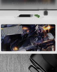 32x16 inches anime desk mouse pad in charcoal, lavender, and neon orange rain-soaked cyberpunk mood.
