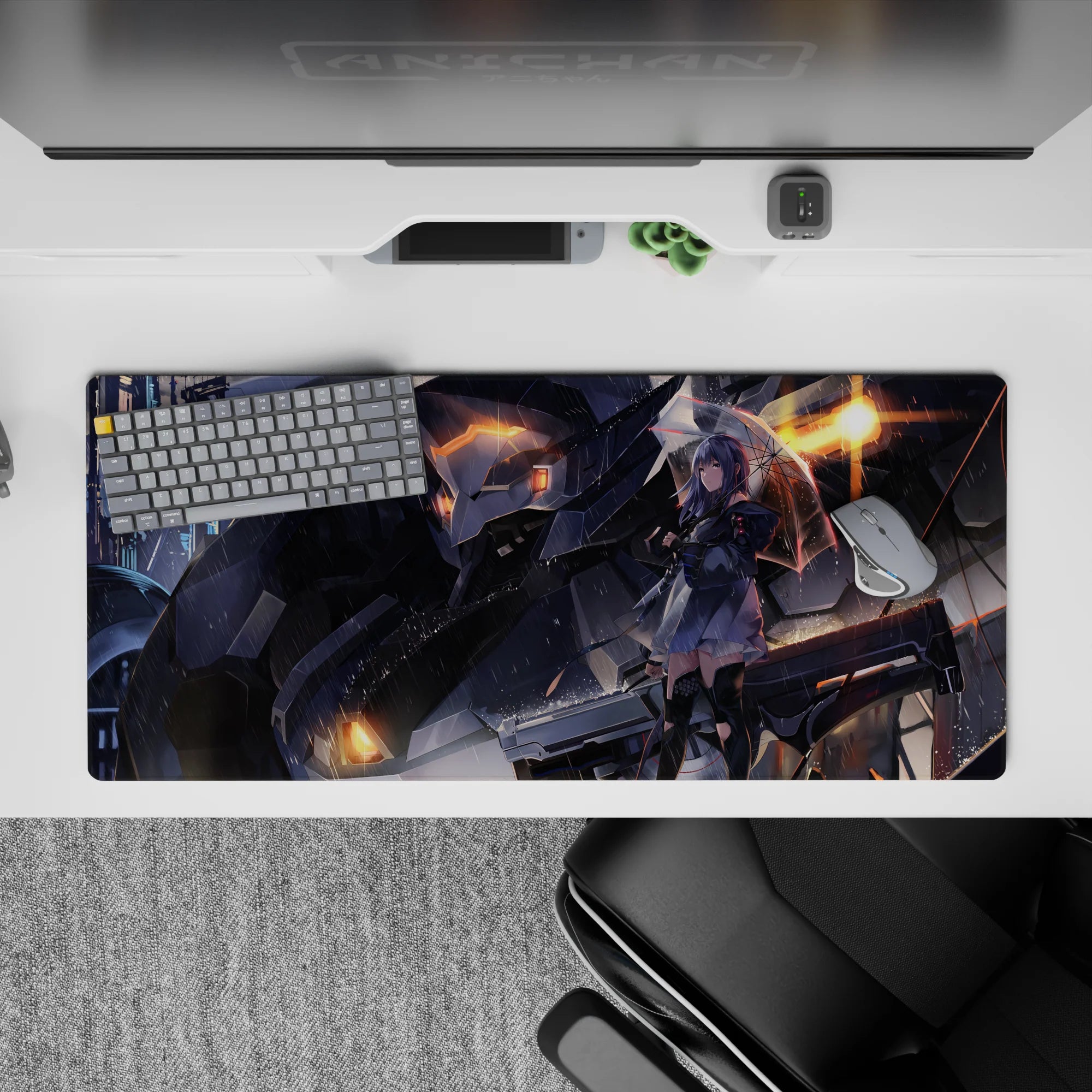 Lavender, charcoal, and warm orange cyberpunk rain mood anime desk pad, smooth tracking, 36x16 inches.