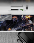 Lavender, charcoal, and warm orange cyberpunk rain mood anime desk pad, smooth tracking, 36x16 inches.