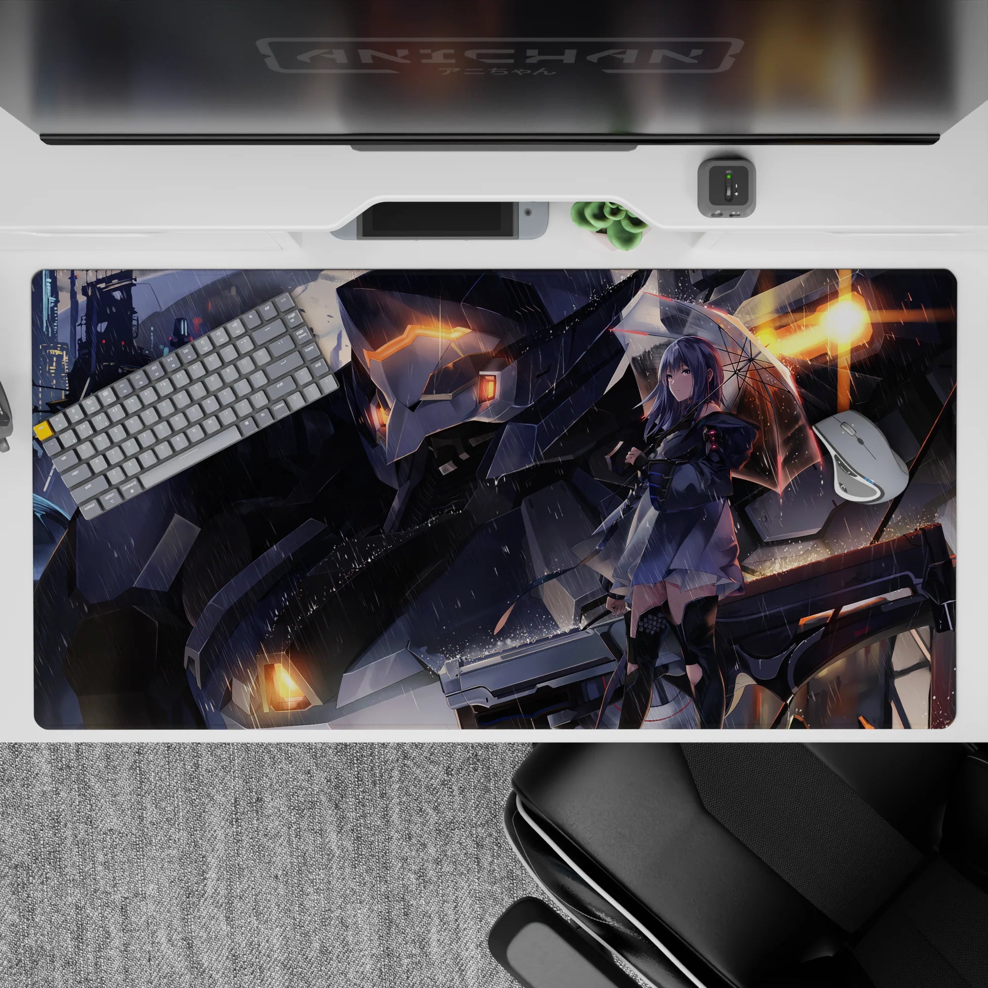 Moody neon rain desk pad 40x20 inches in charcoal armor, lavender highlights, and warm orange glow.